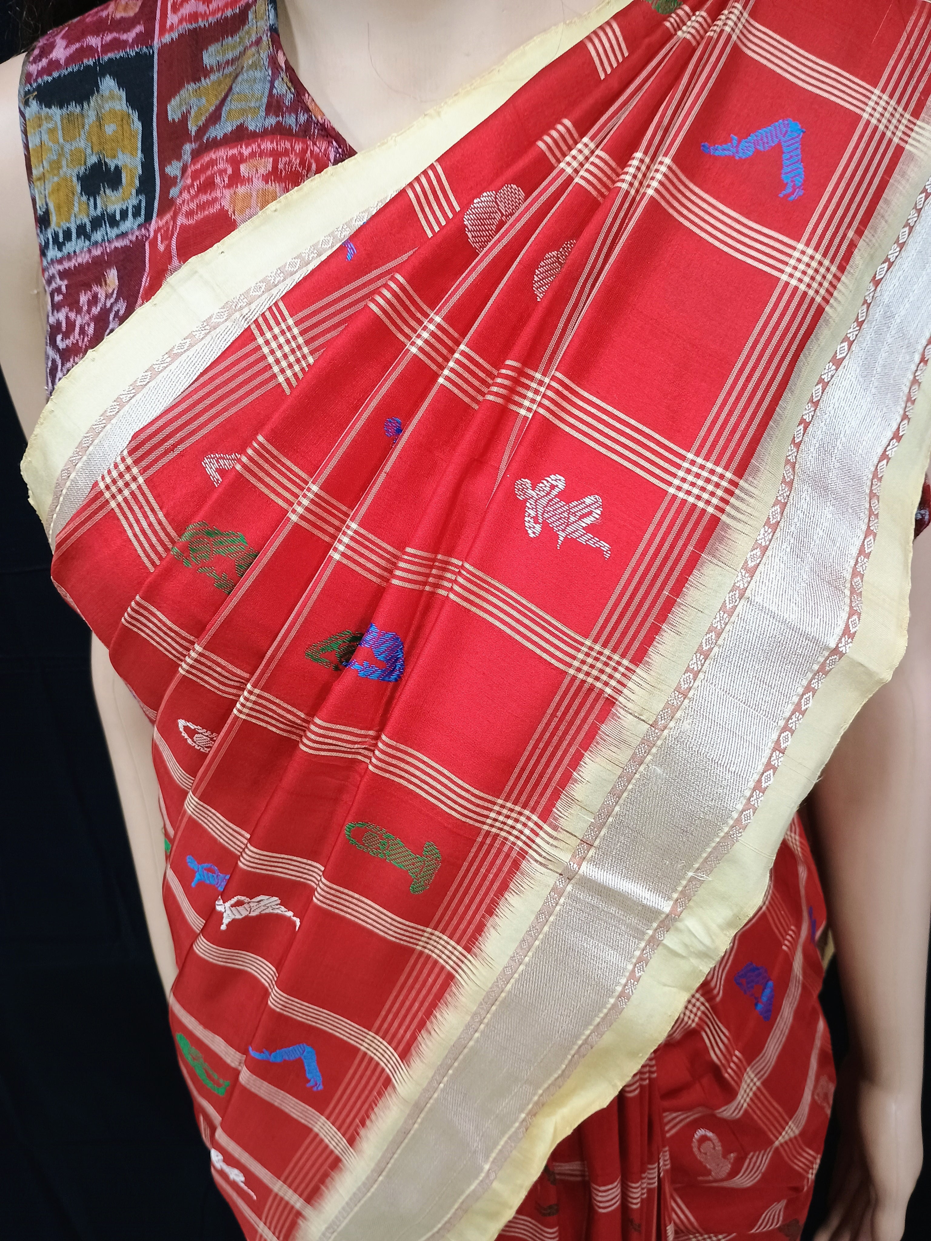 Red Cream Yoga Theme Odisha Handloom Bomkai Silk Saree