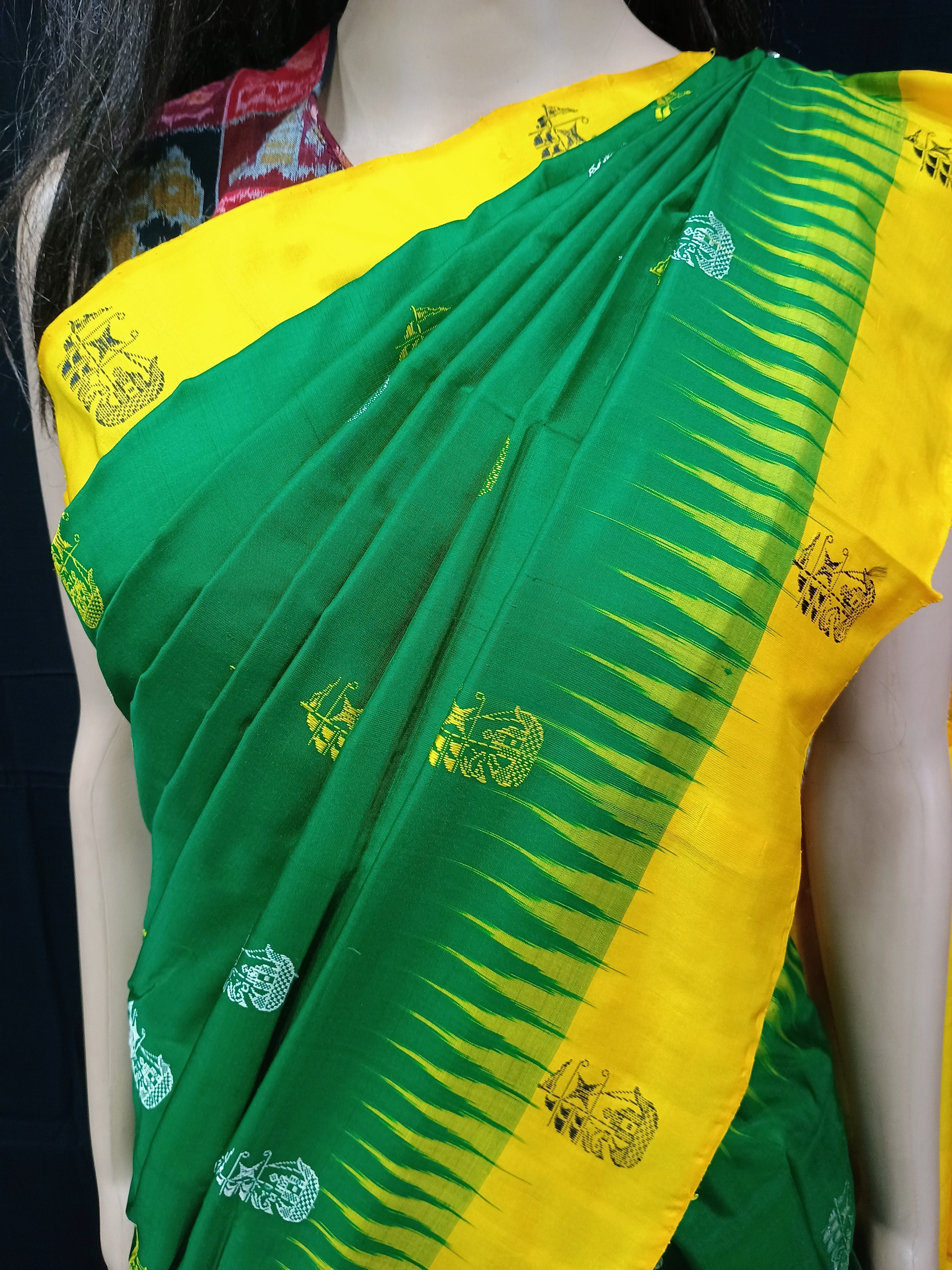 Green Yellow Boita Odisha Handloom Bomkai Silk Saree