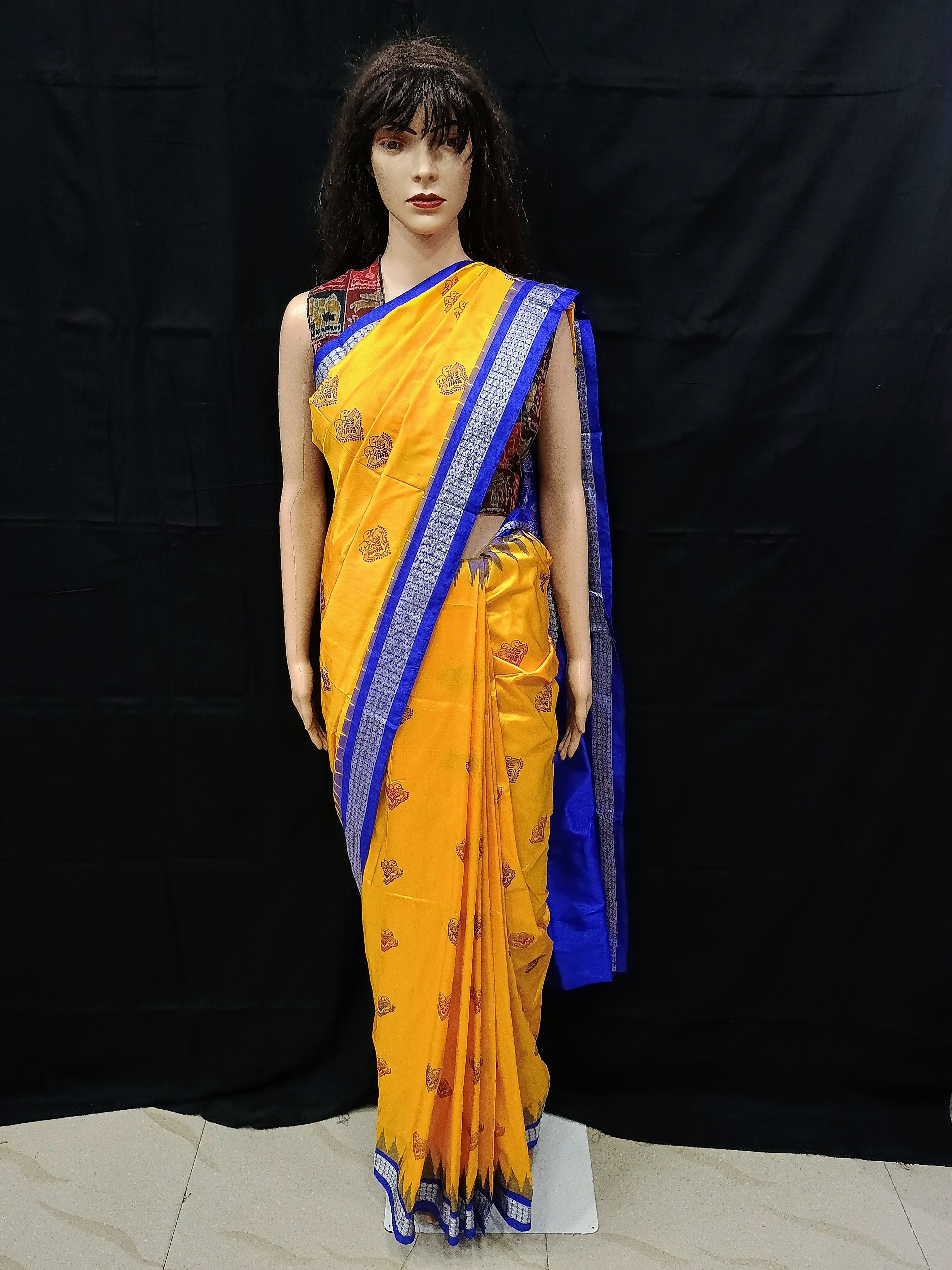 Yellow Blue Dual Peacock Head Bomkai Silk Saree
