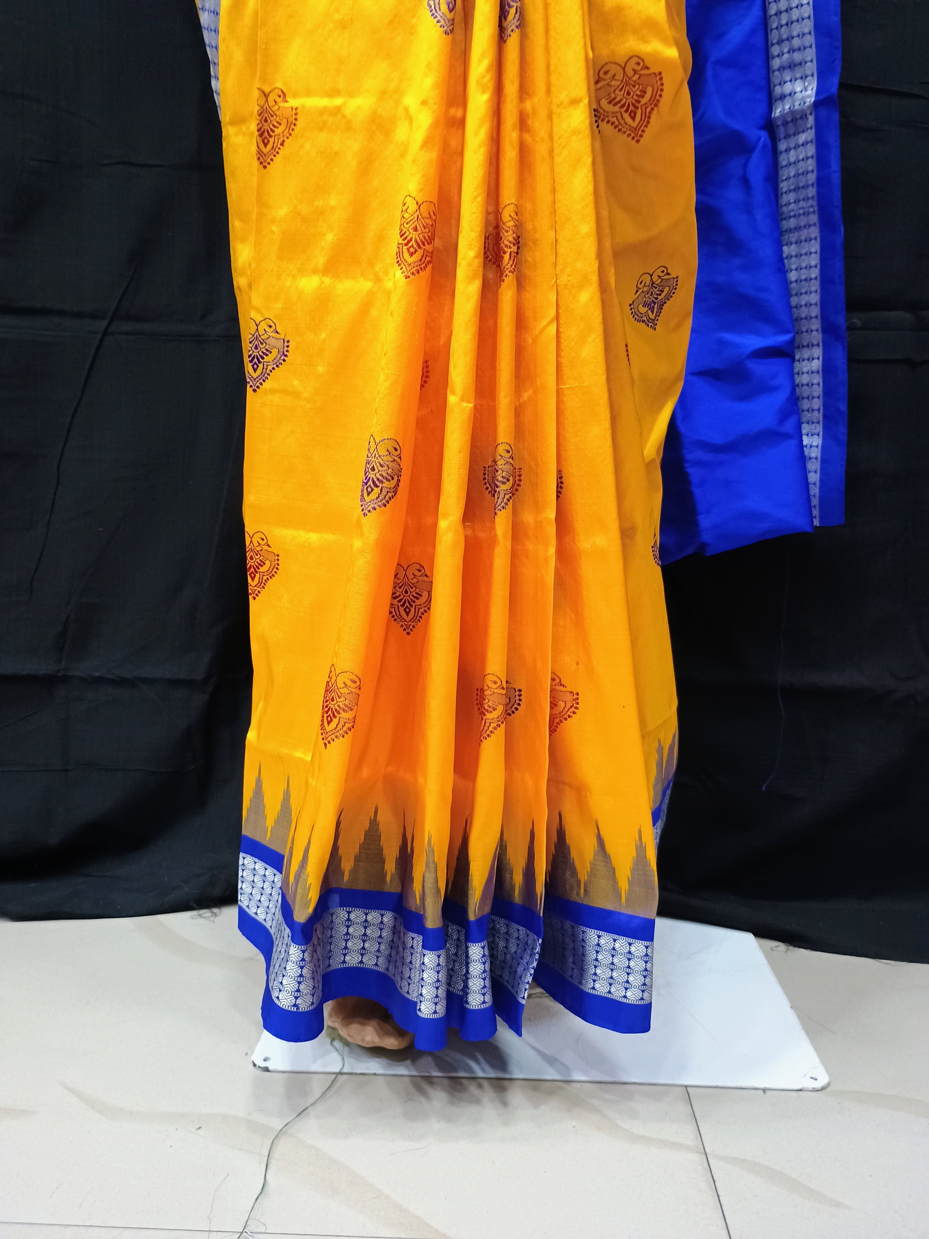 Yellow Blue Dual Peacock Head Bomkai Silk Saree