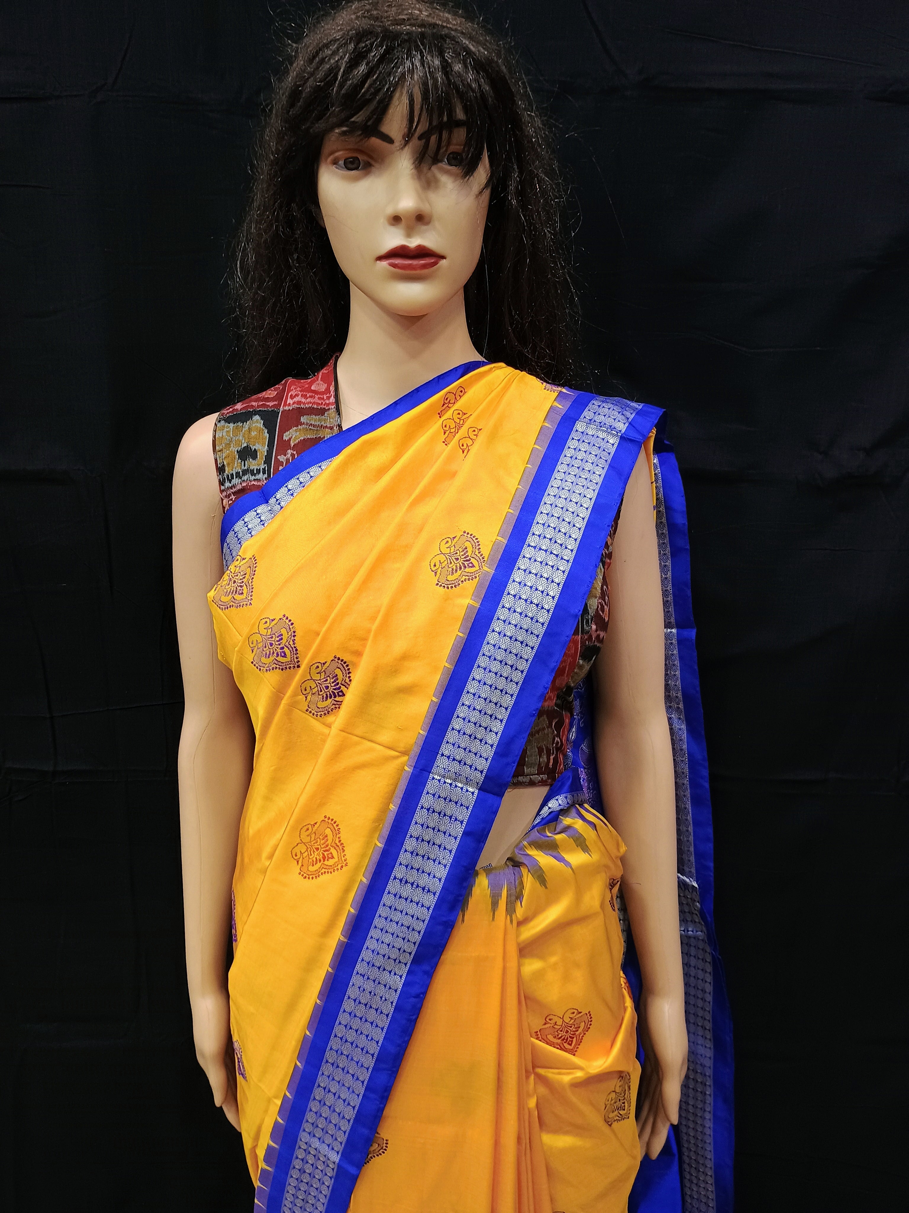 Yellow Blue Dual Peacock Head Bomkai Silk Saree