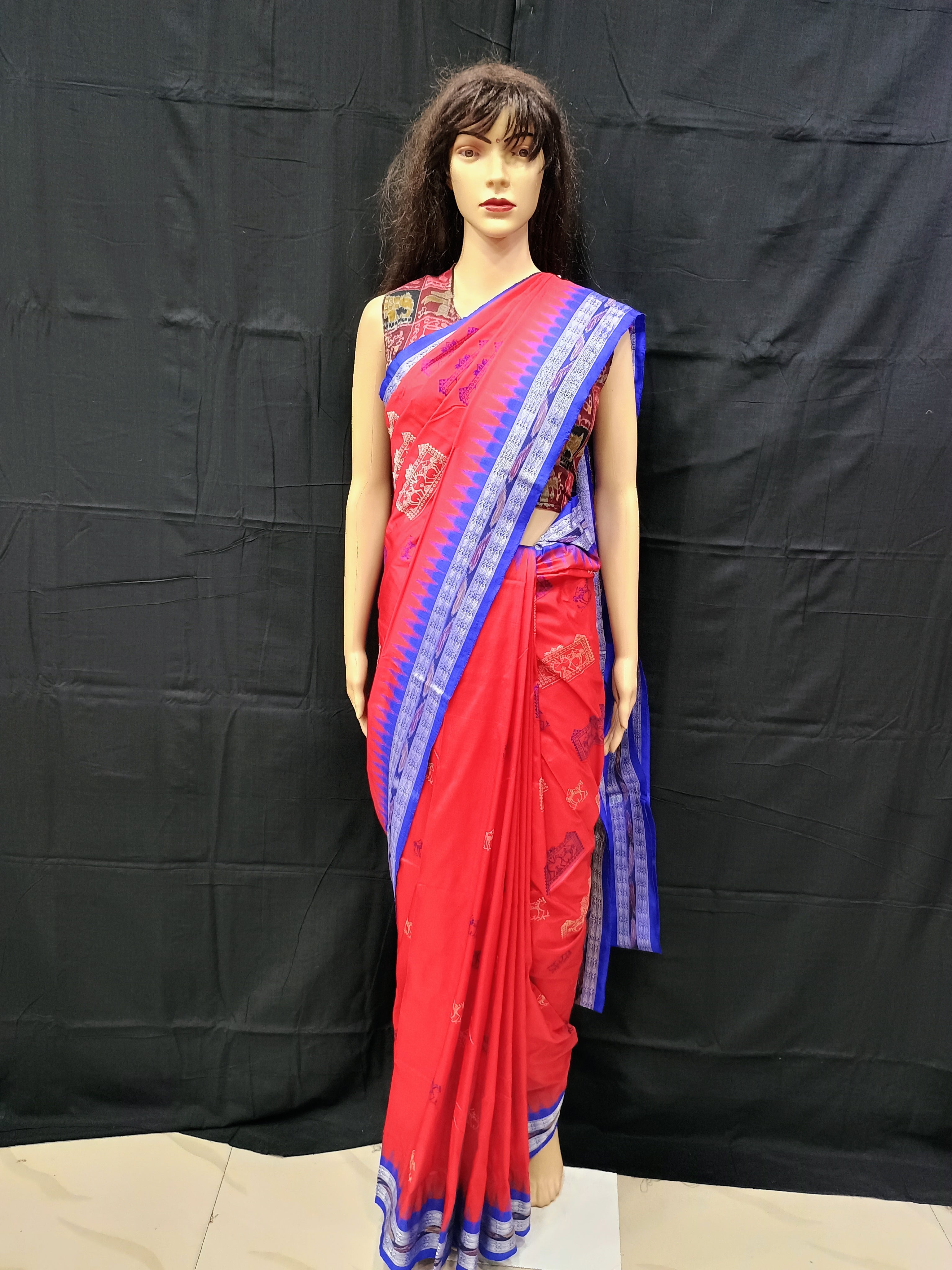 Red Blue Teracota Odisha Handloom Bomkai Silk Saree