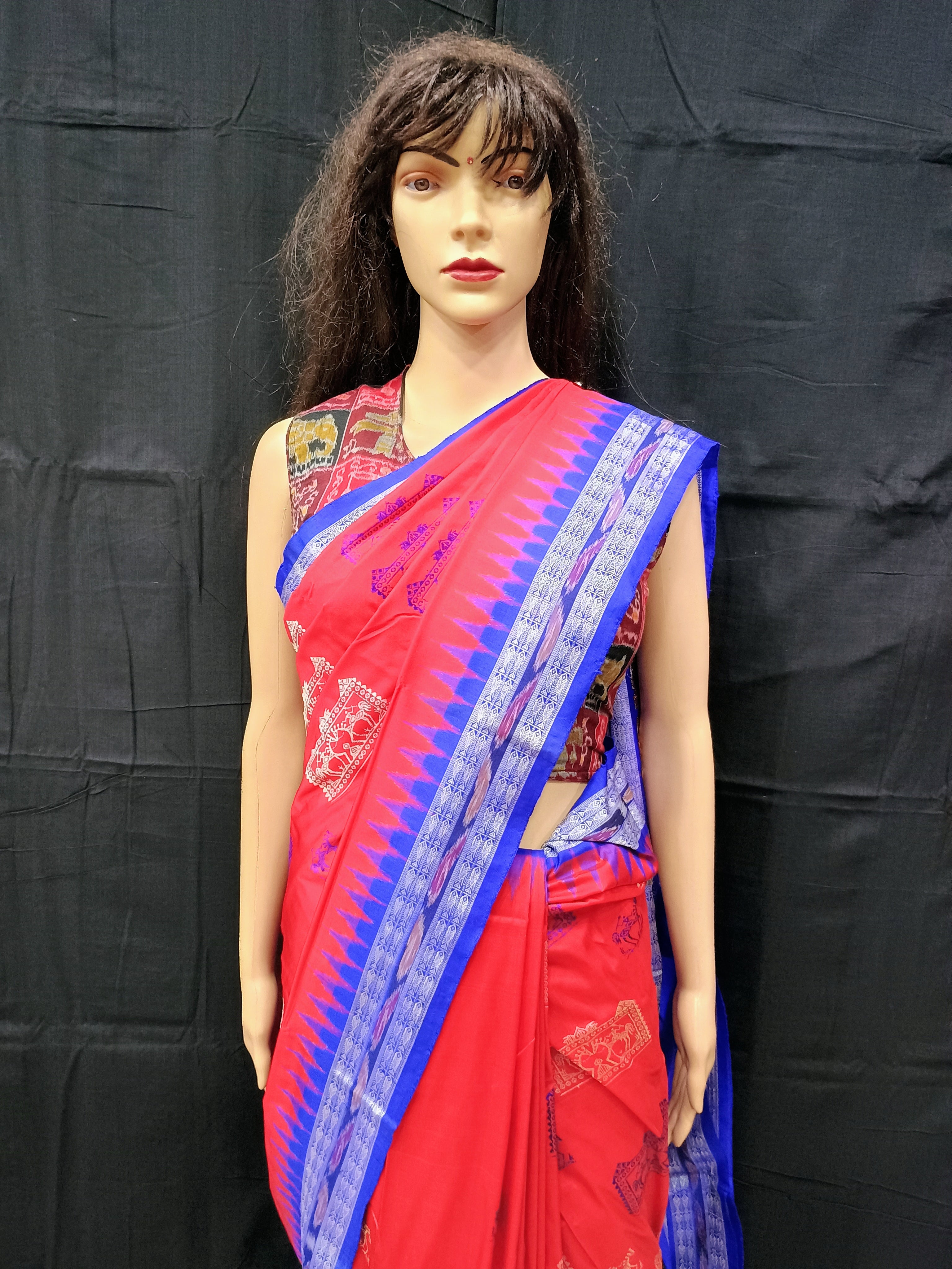 Red Blue Teracota Odisha Handloom Bomkai Silk Saree