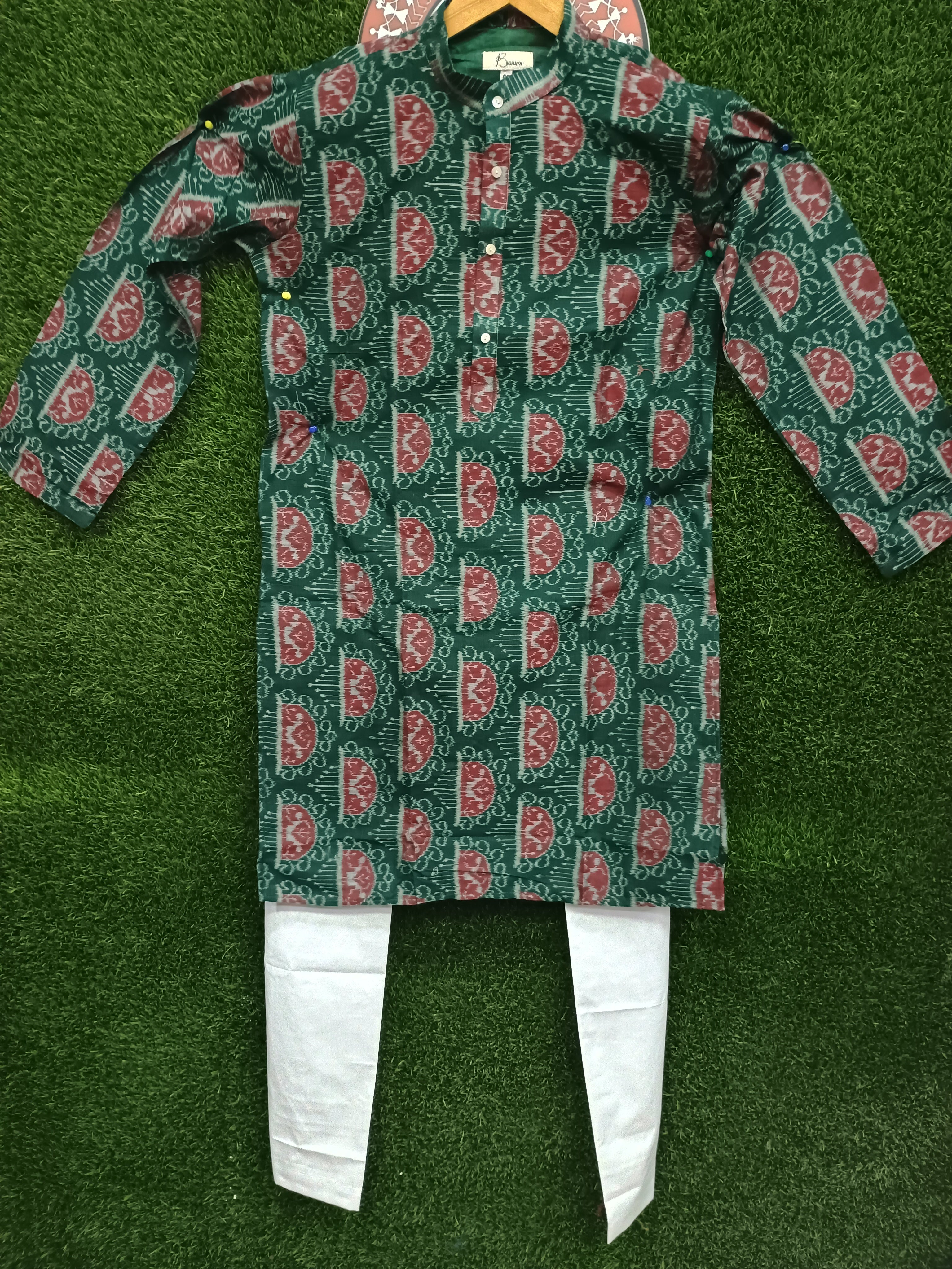 Green White Men's Pure Cotton Handloom Kurta Set – Odisha Weave