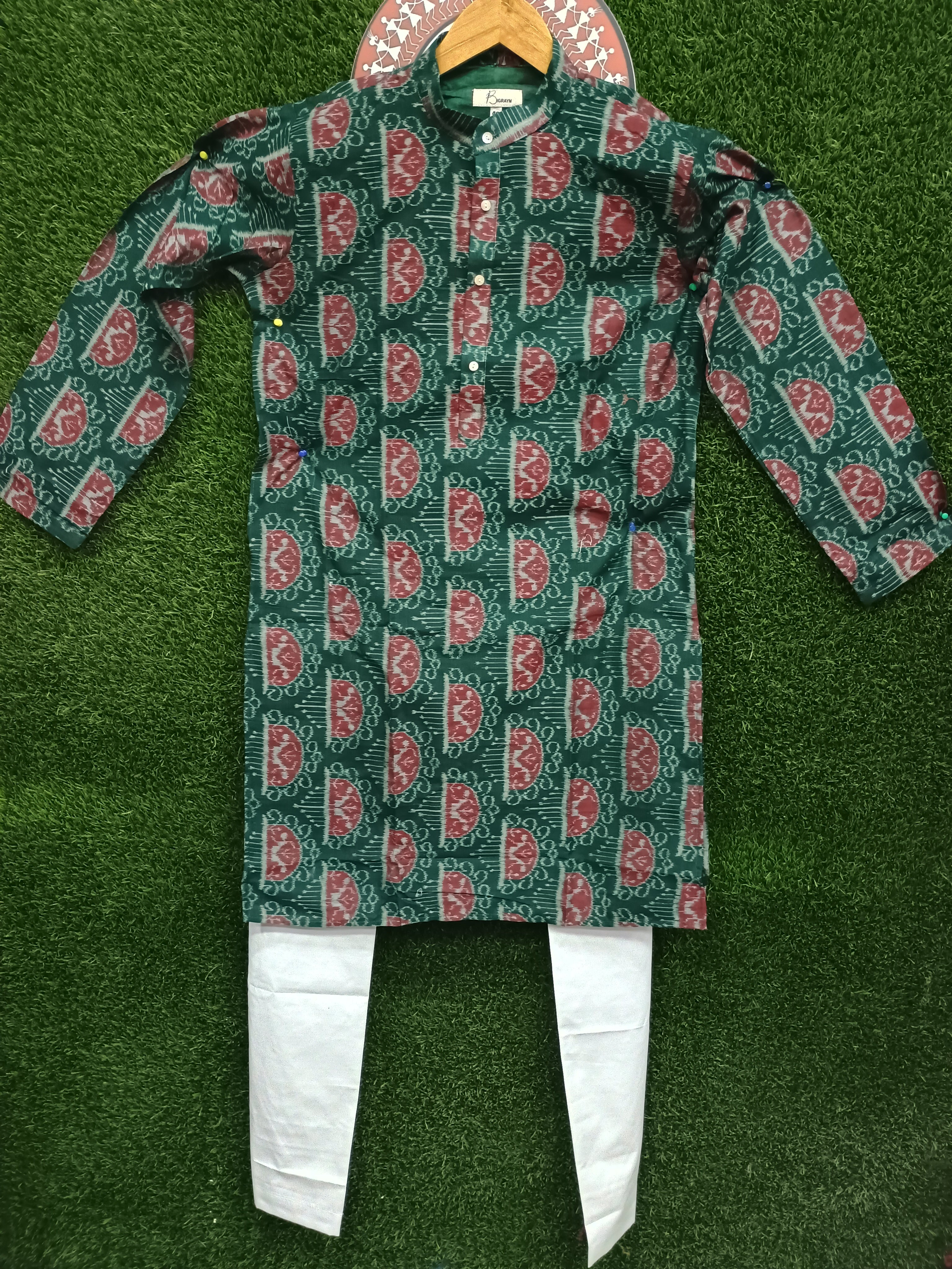 Green White Men's Pure Cotton Handloom Kurta Set – Odisha Weave