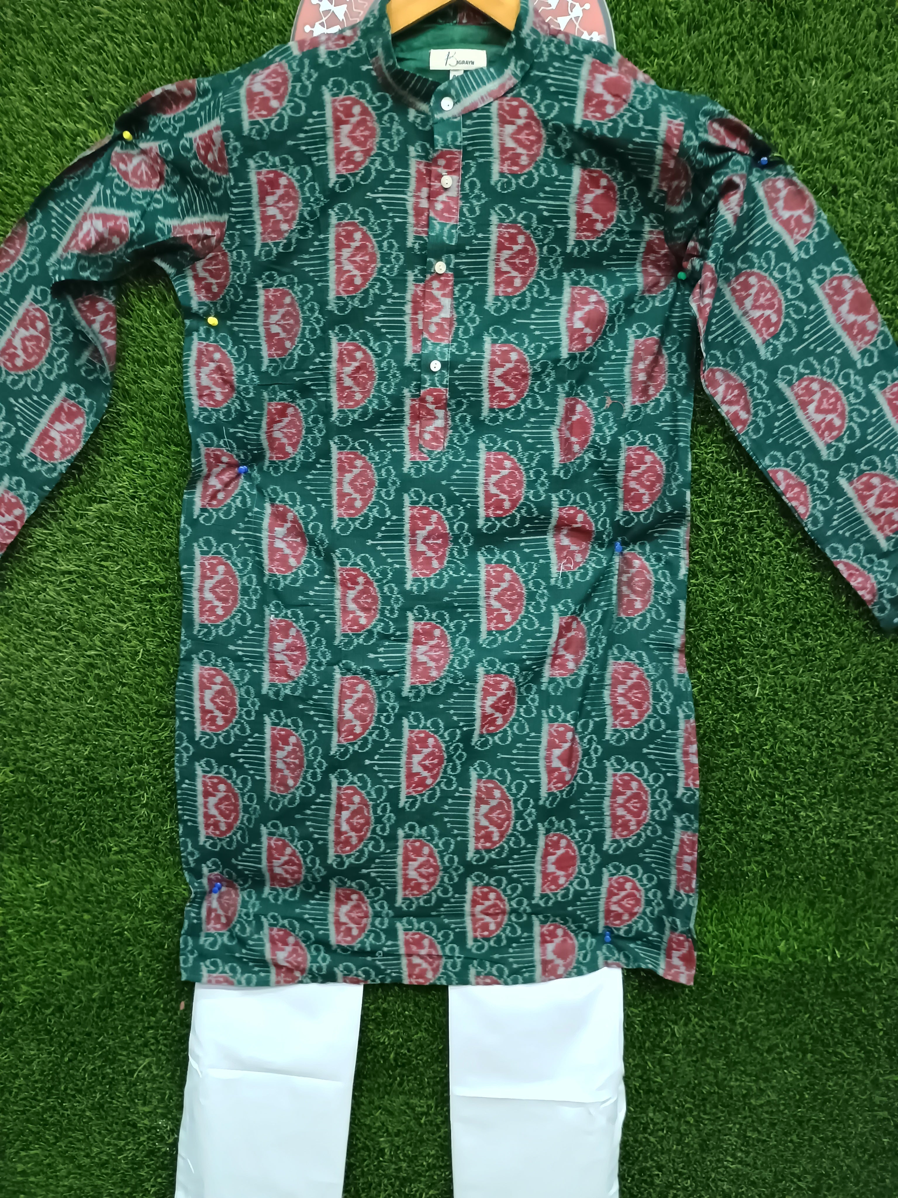 Green White Men's Pure Cotton Handloom Kurta Set – Odisha Weave