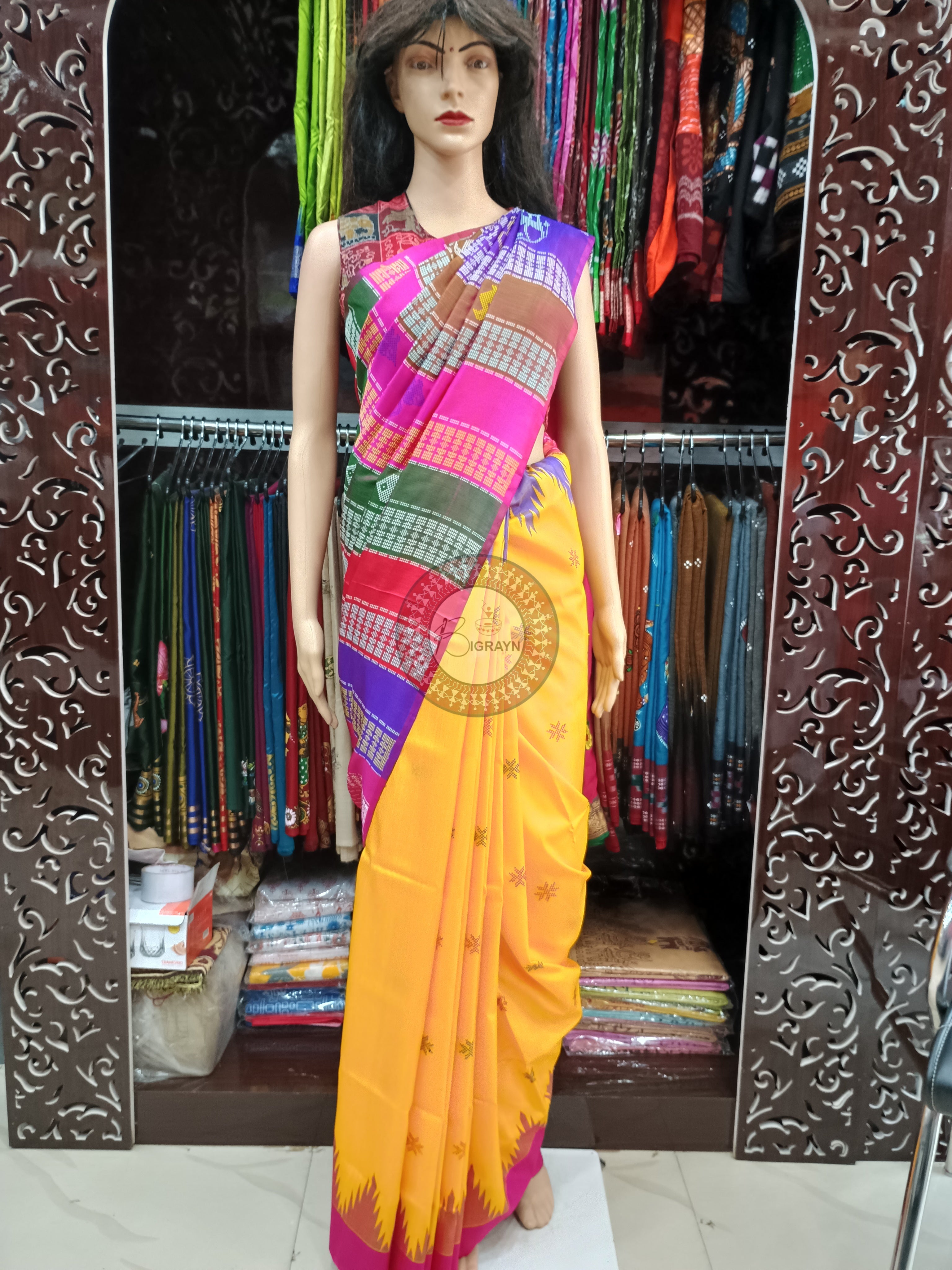 Blue Yellow Double Anchal Berhampuri Silk Saree