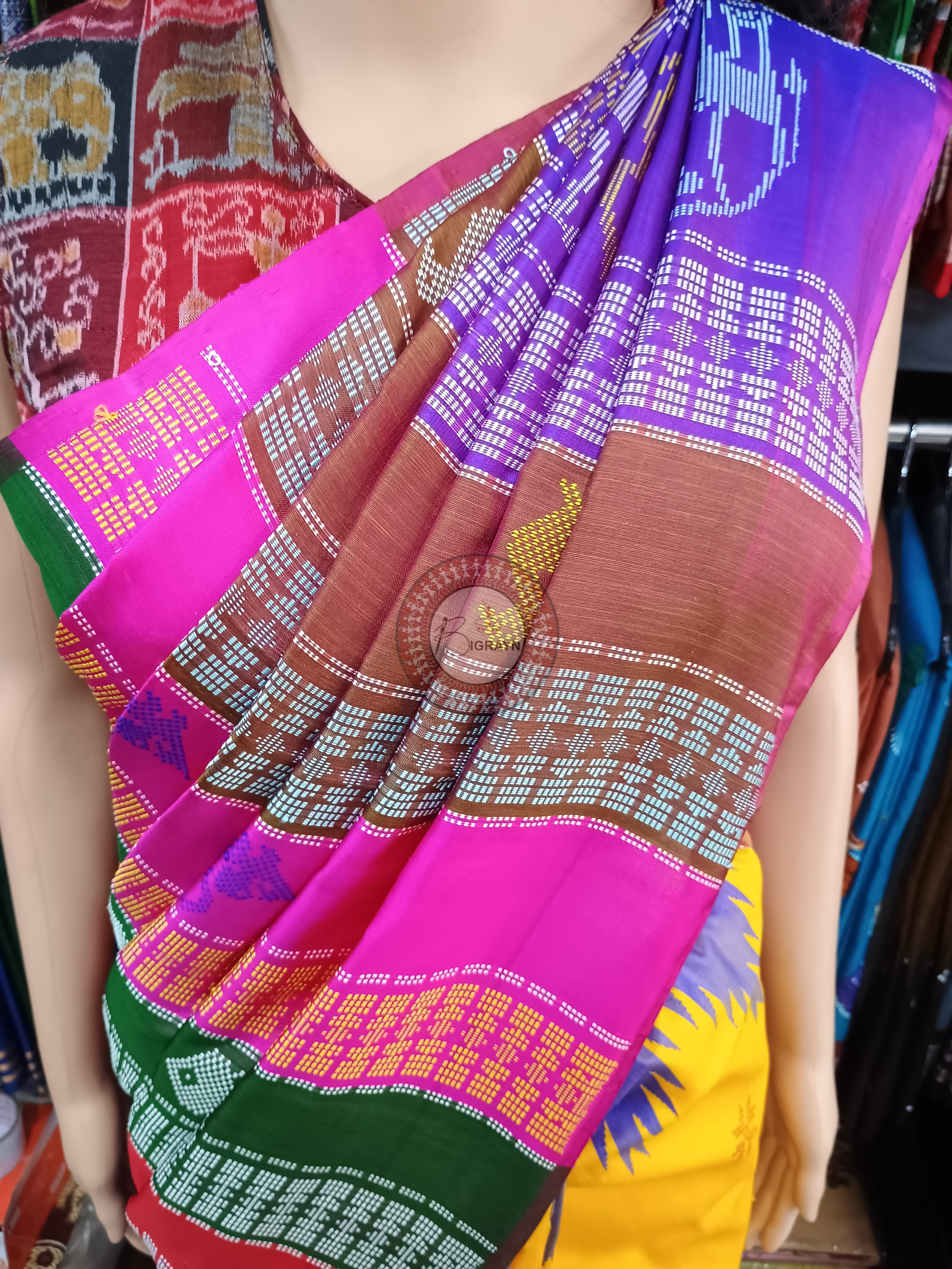 Blue Yellow Double Anchal Berhampuri Silk Saree