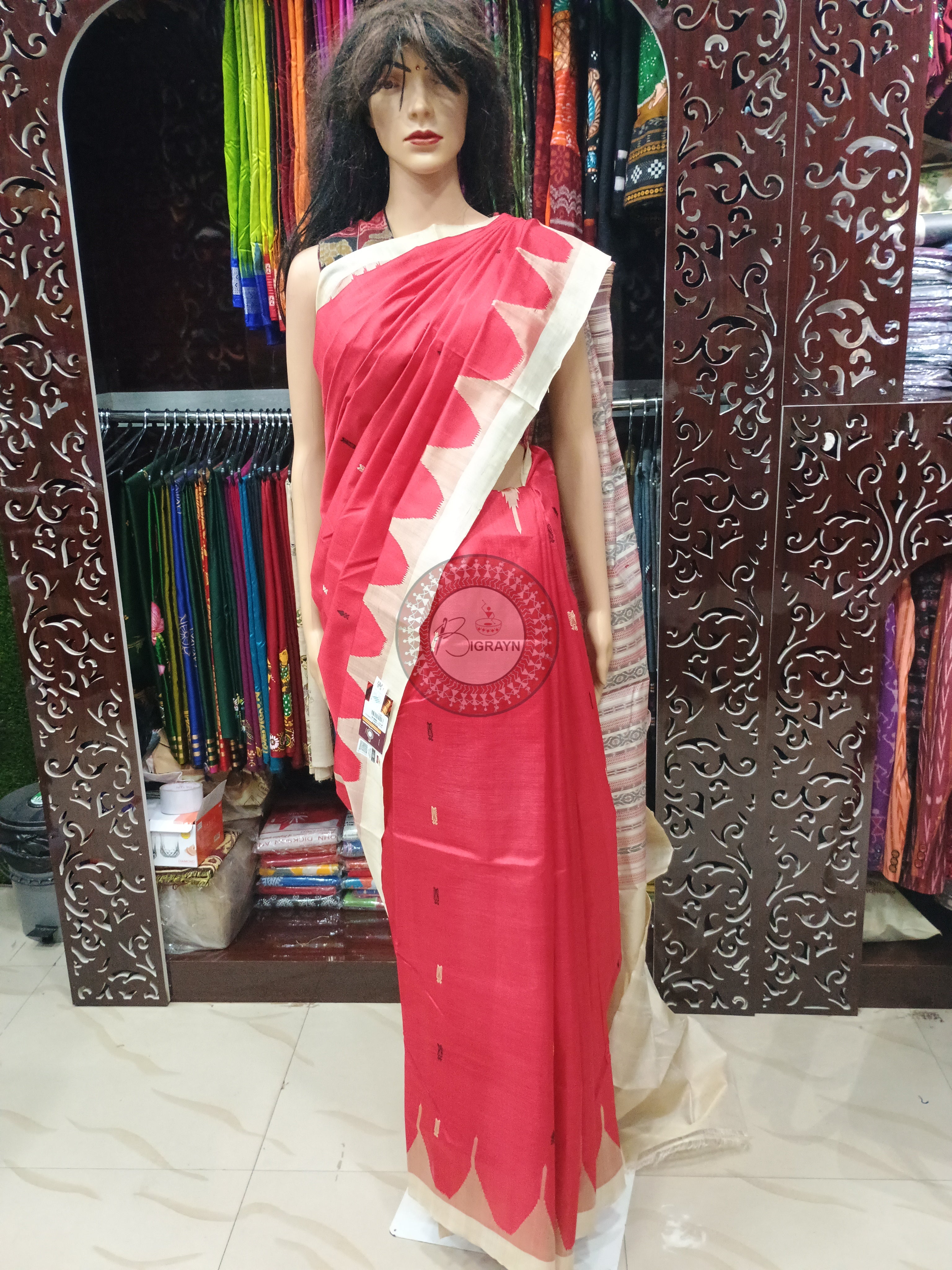 Red Tussarite Weaves Design Phoda Kumbh Tusser Silk Saree