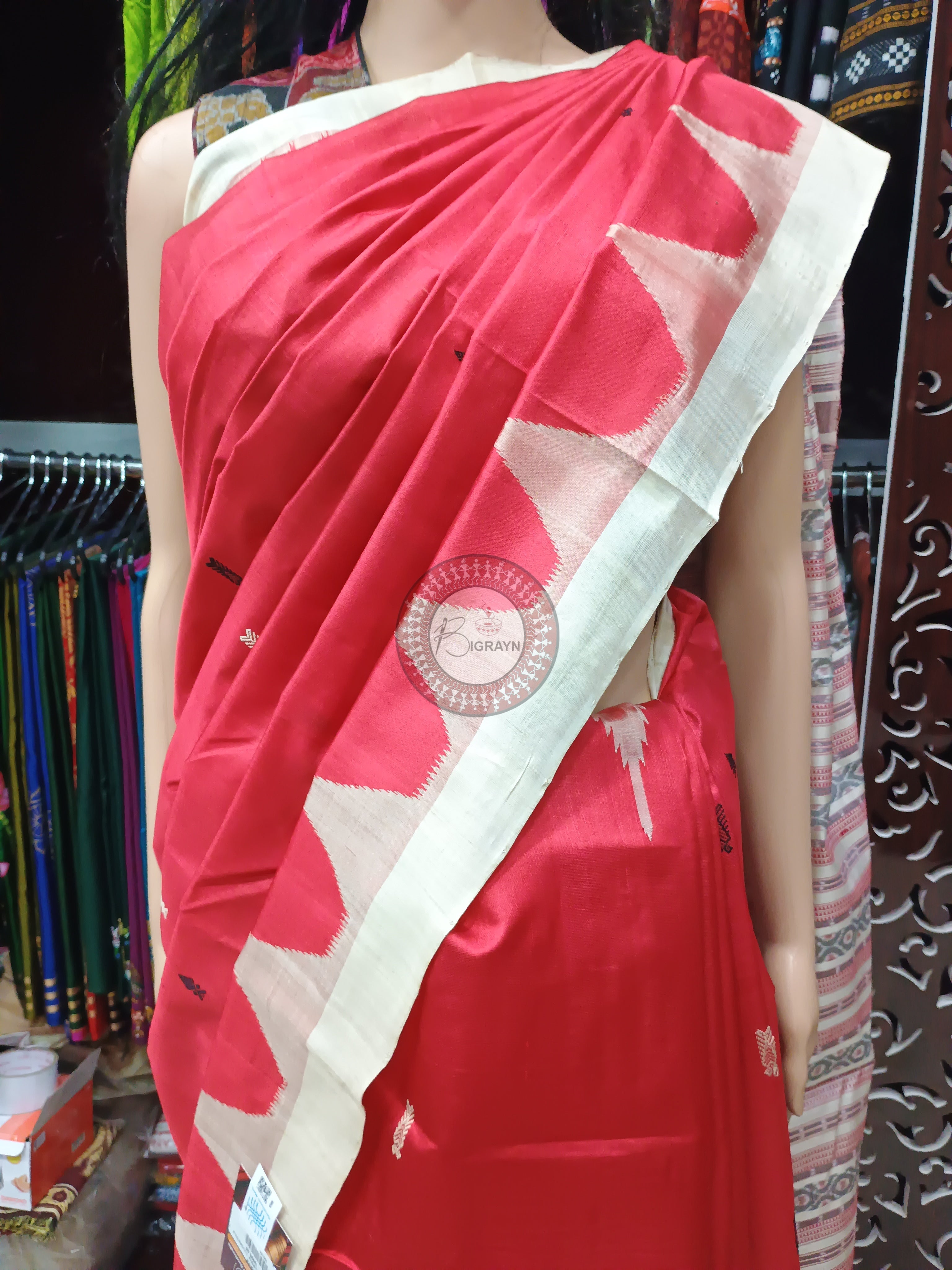 Red Tussarite Weaves Design Phoda Kumbh Tusser Silk Saree