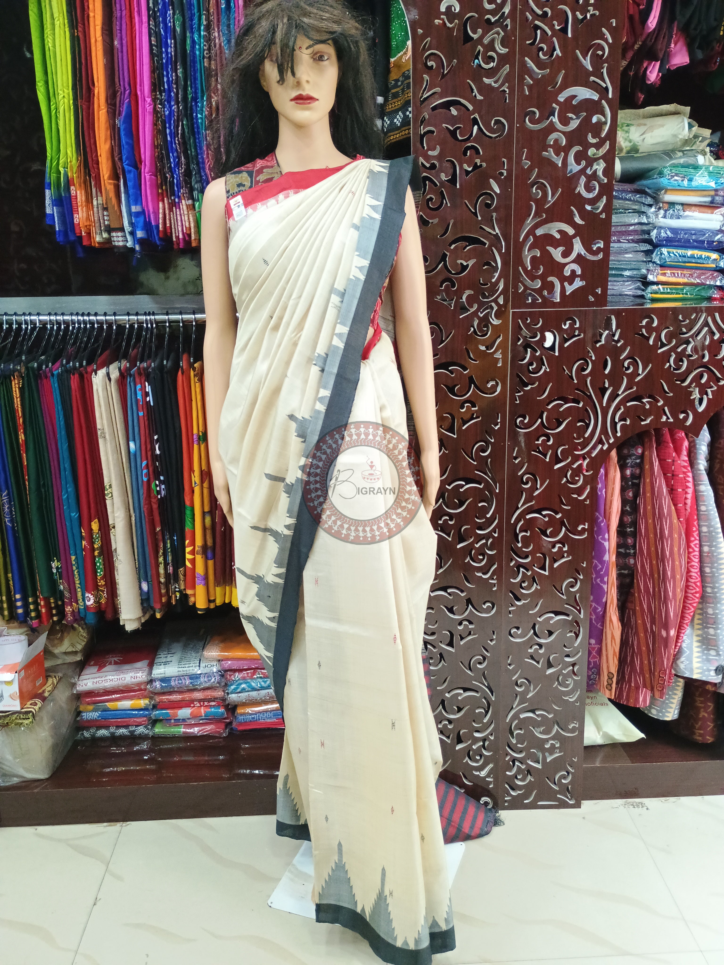 Tussarite Black Phoda Kumbha Tusser Silk Saree