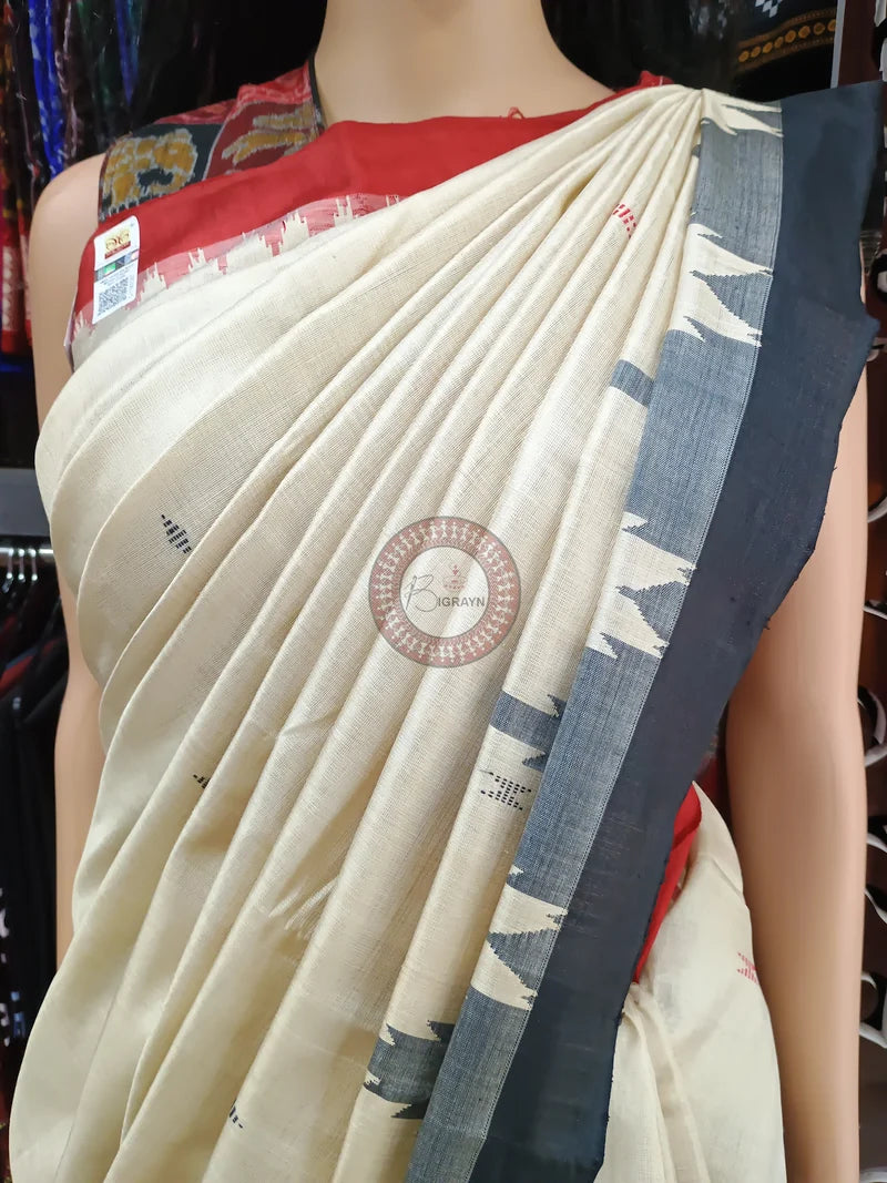 Off White Ganga Jamuna Border Phoda Kumbha Tusser Silk Saree
