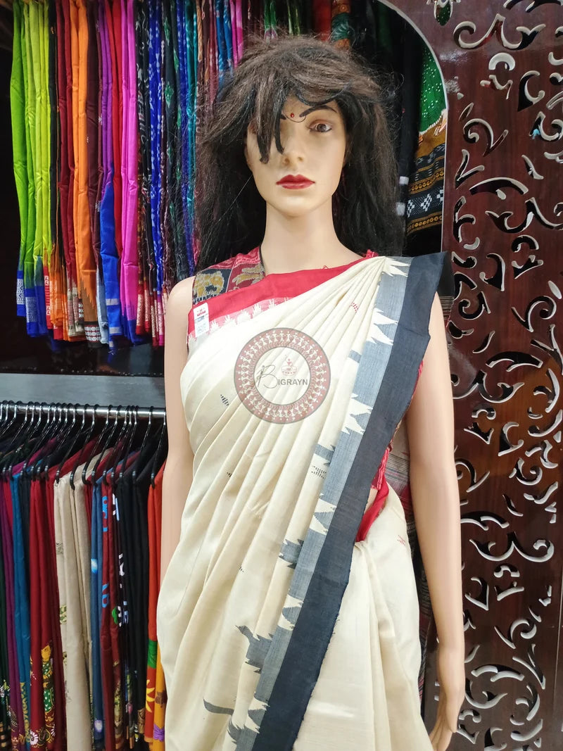 Off White Ganga Jamuna Border Phoda Kumbha Tusser Silk Saree