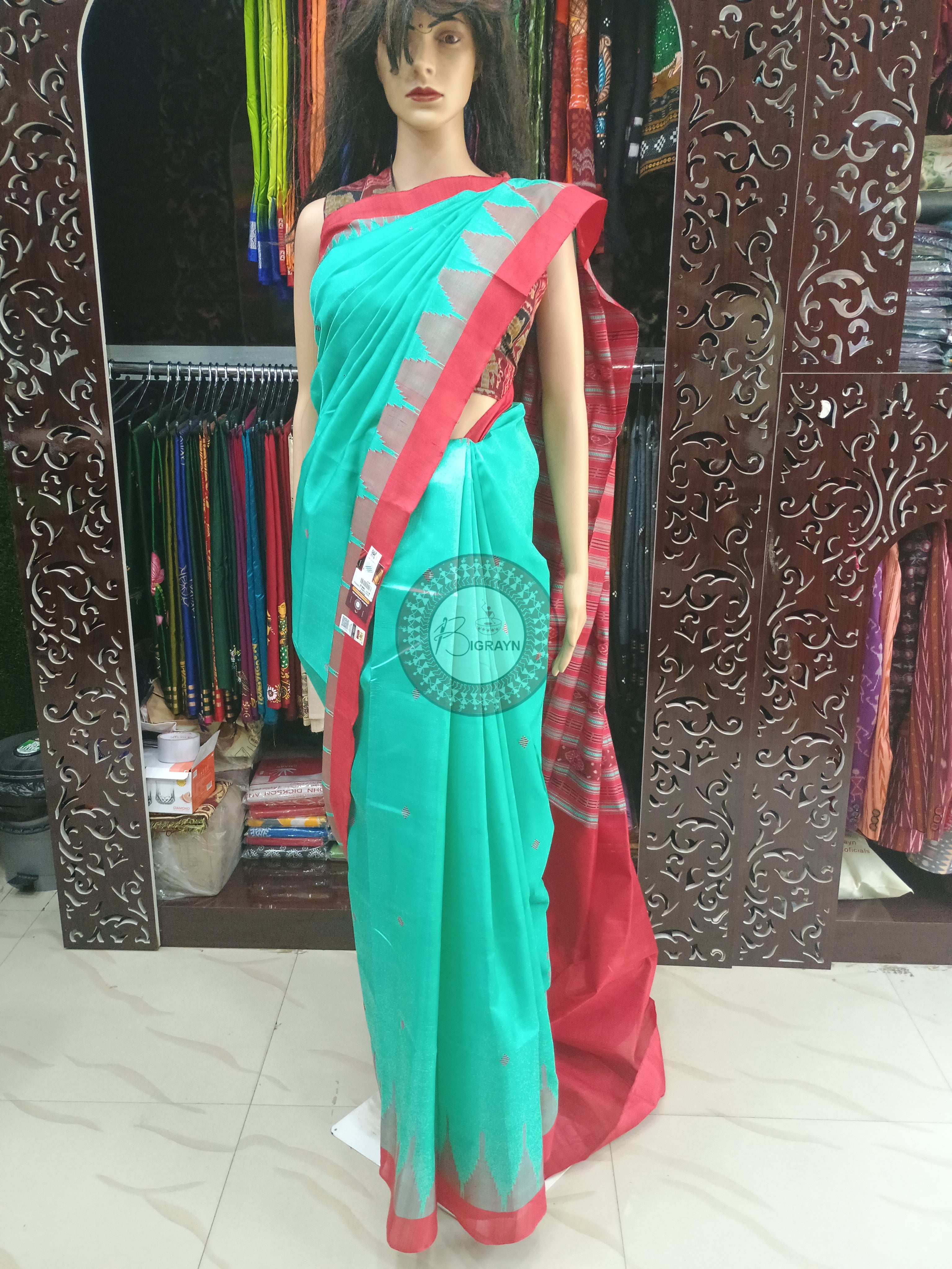 Sea Green Red Phoda Kumbha Tusser Silk Saree