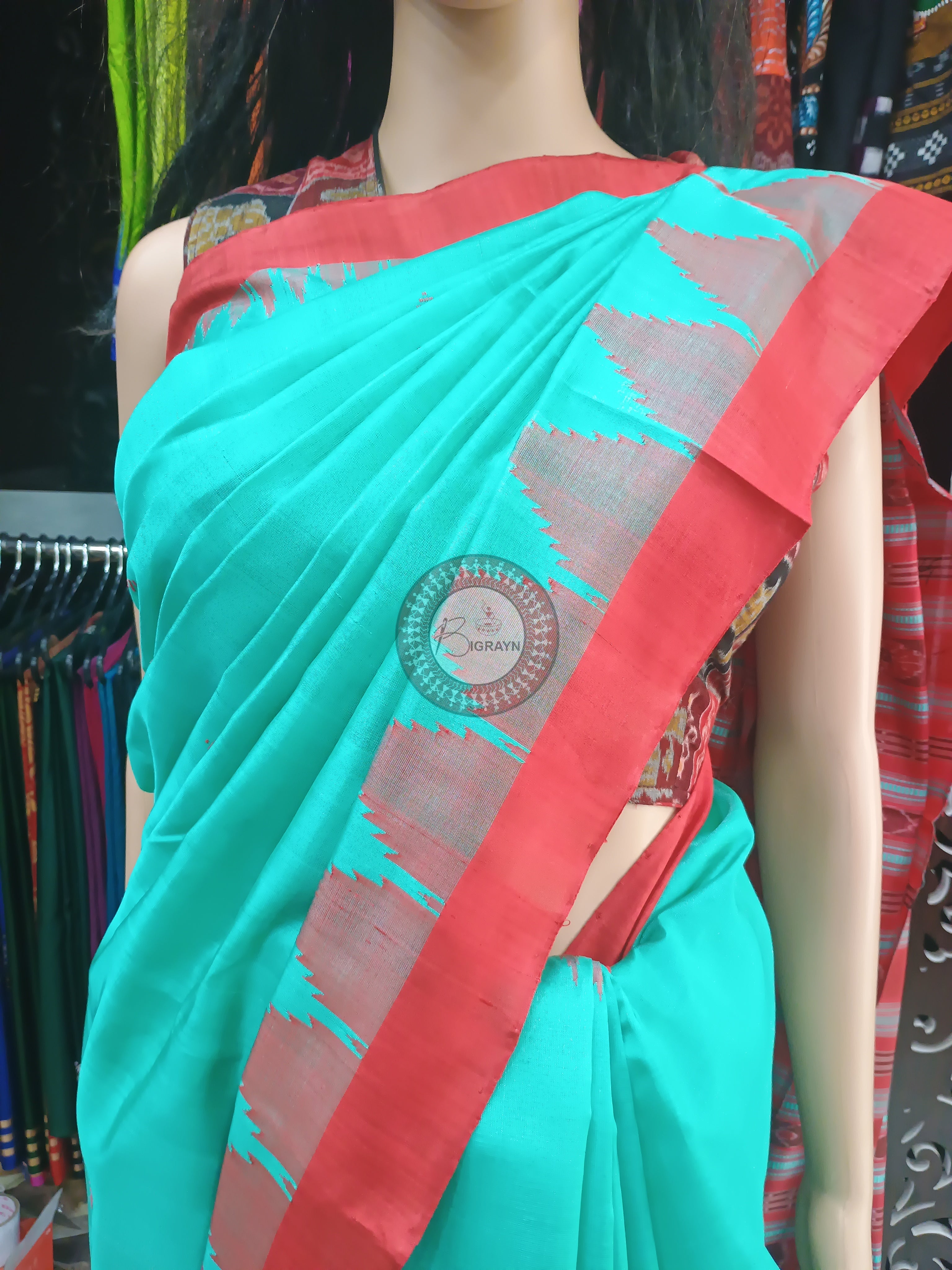 Sea Green Red Phoda Kumbha Tusser Silk Saree