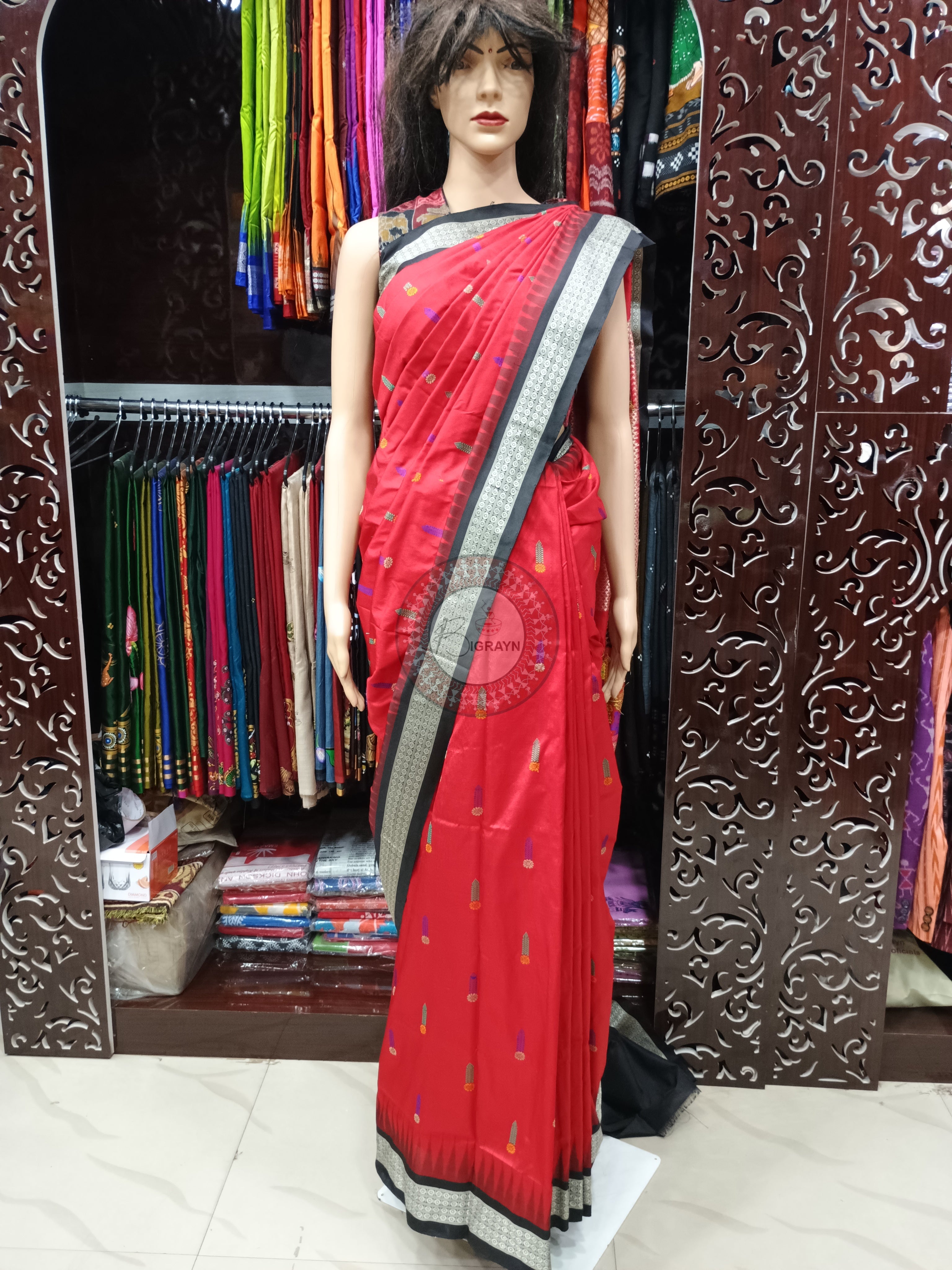 Red Black Panjuri  Bomkai Silk Saree