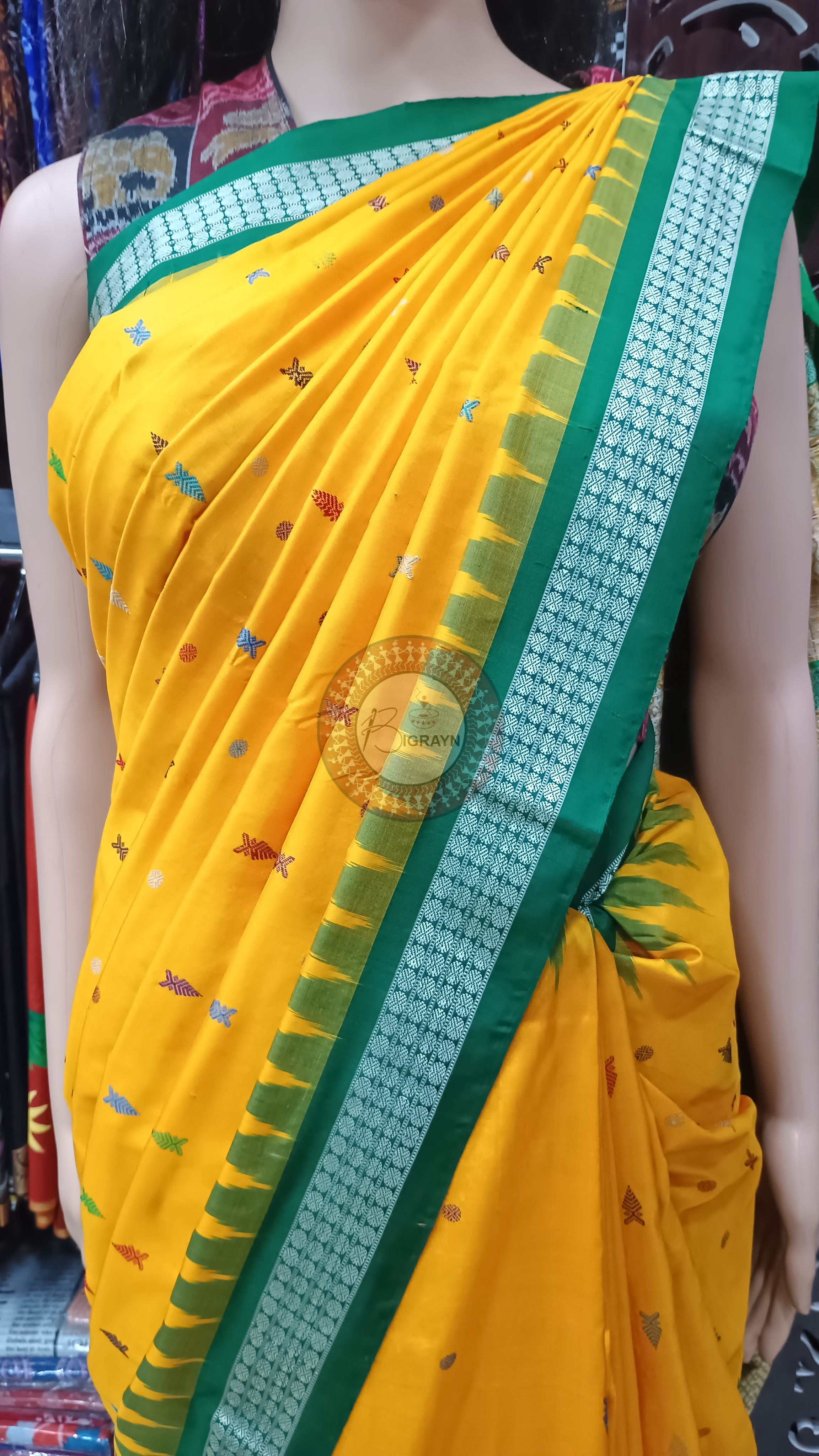 Yellow Green Fish Buti Bomkai Silk Saree