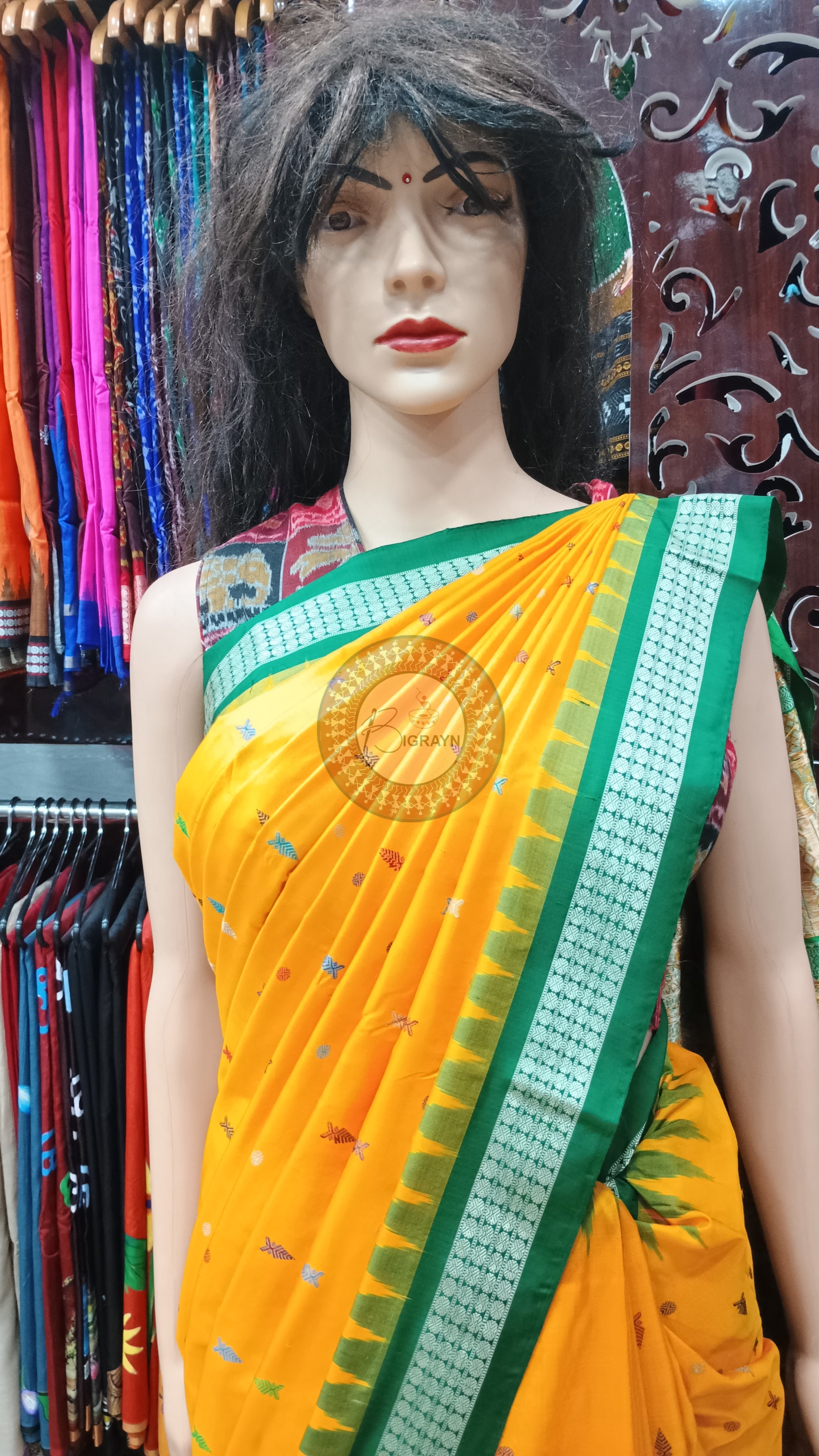 Yellow Green Fish Buti Bomkai Silk Saree