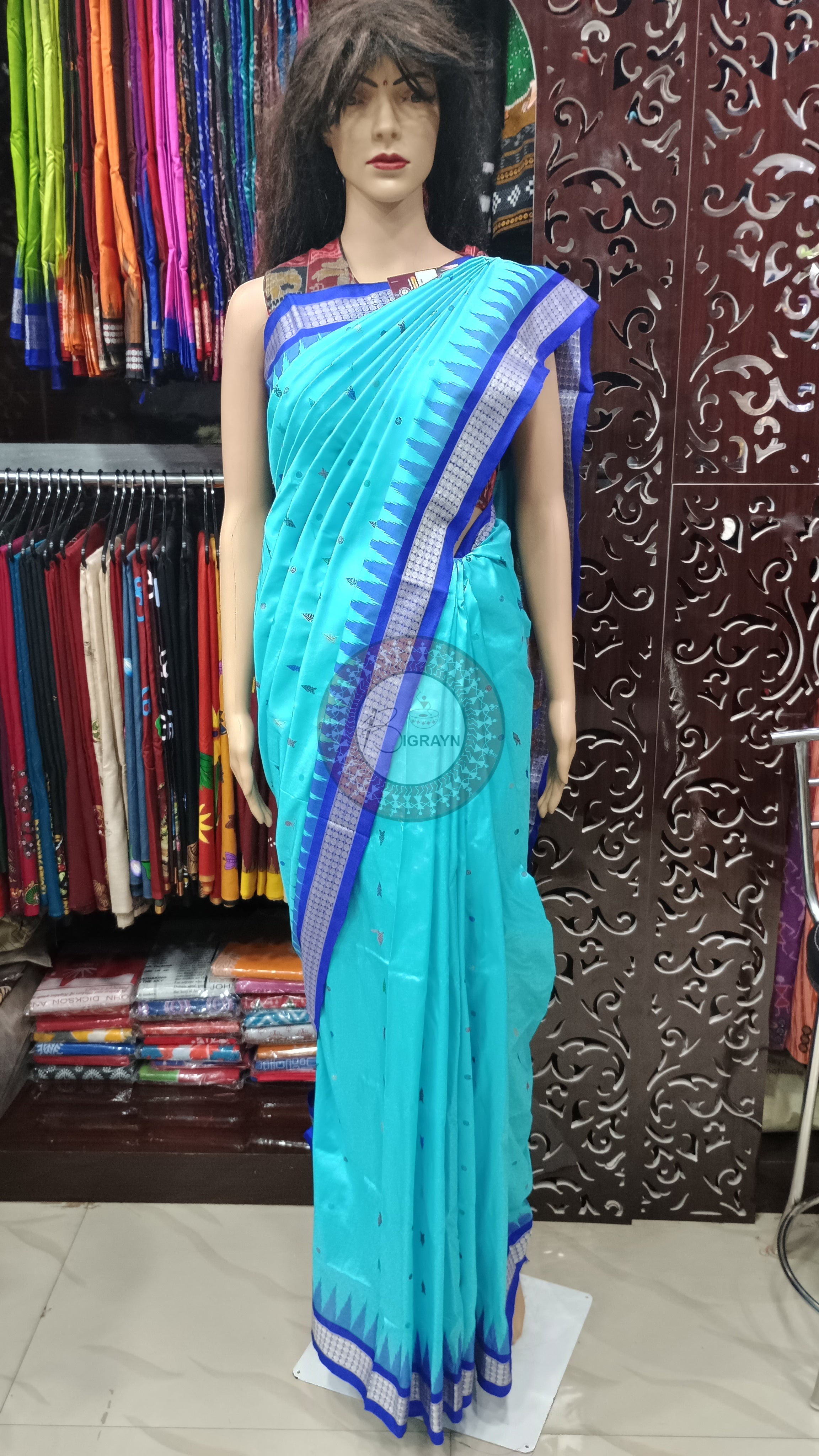 Sky Blue Blue Fish Buti Bomkai Silk Saree