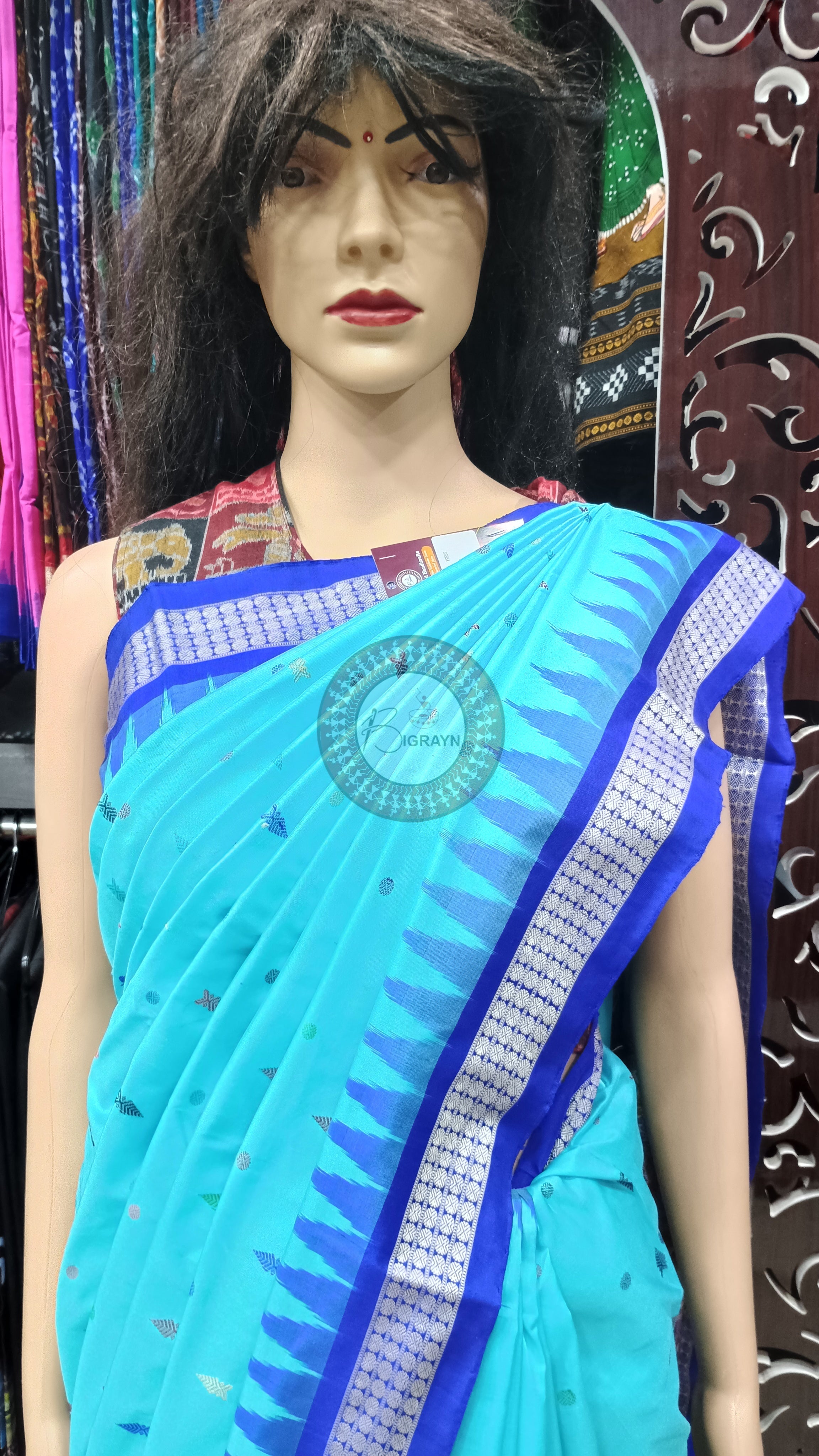 Sky Blue Blue Fish Buti Bomkai Silk Saree