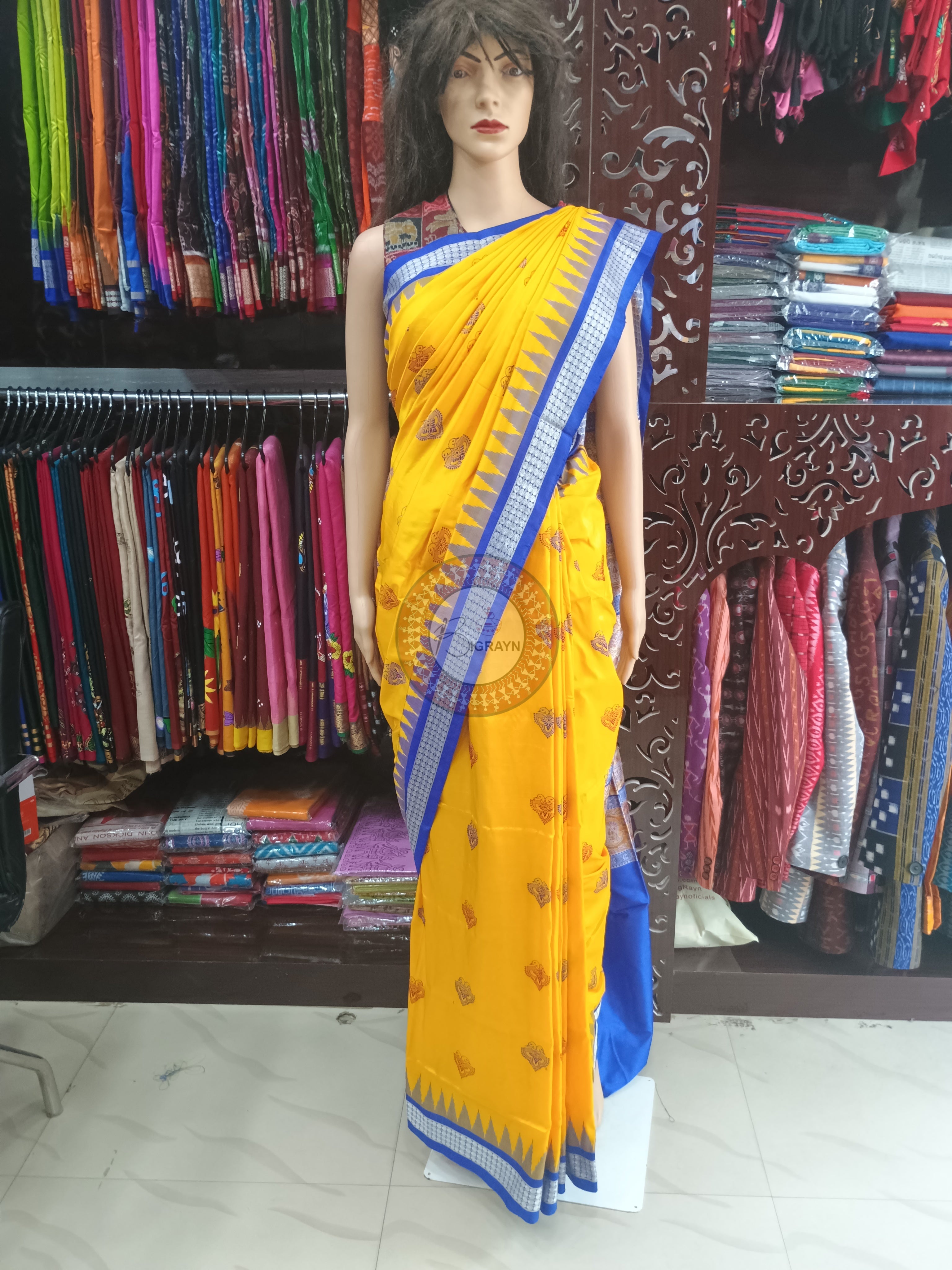 Yellow Blue Dual Peacock Head Bomkai Silk Saree