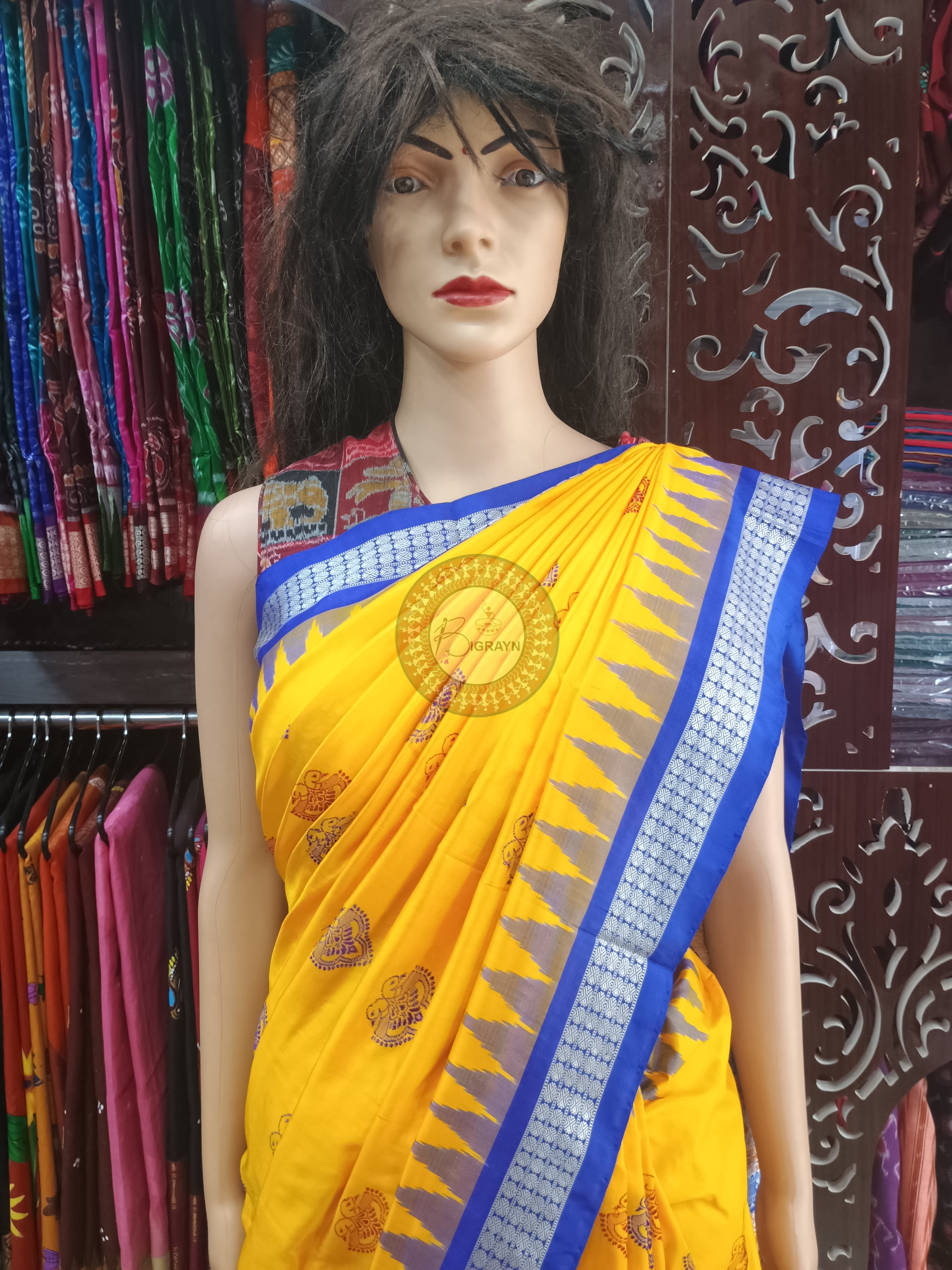 Yellow Blue Dual Peacock Head Bomkai Silk Saree