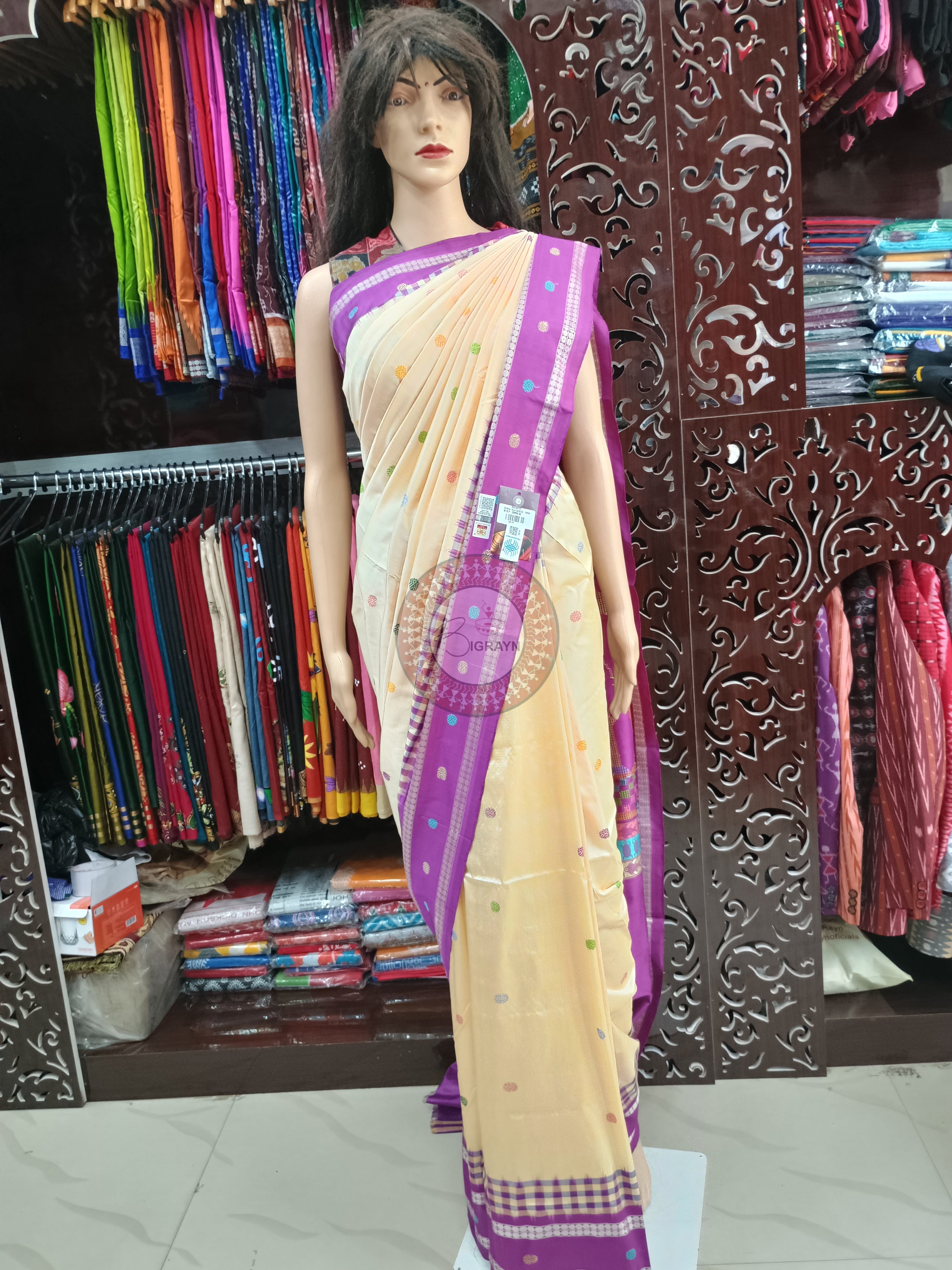 Off White Purple Boita Bomkai Silk Saree