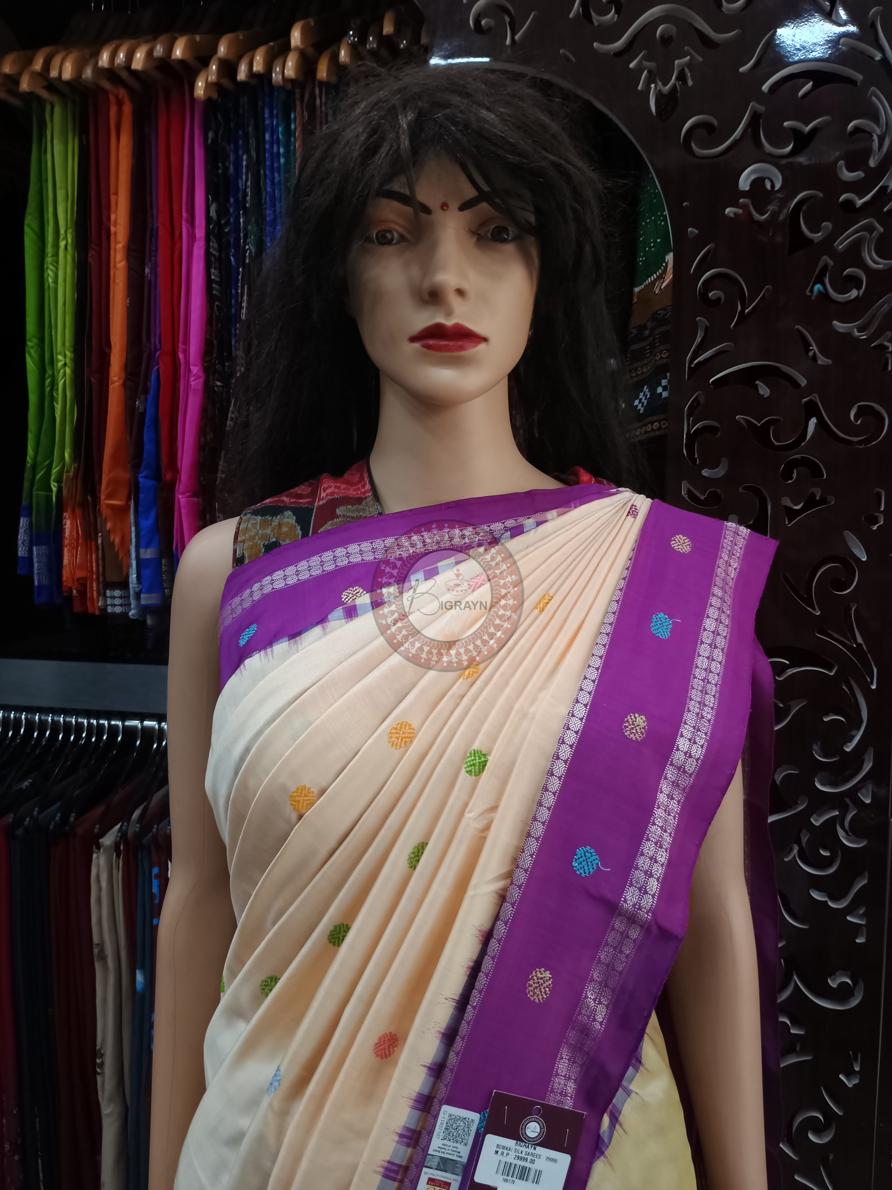 Off White Purple Boita Bomkai Silk Saree
