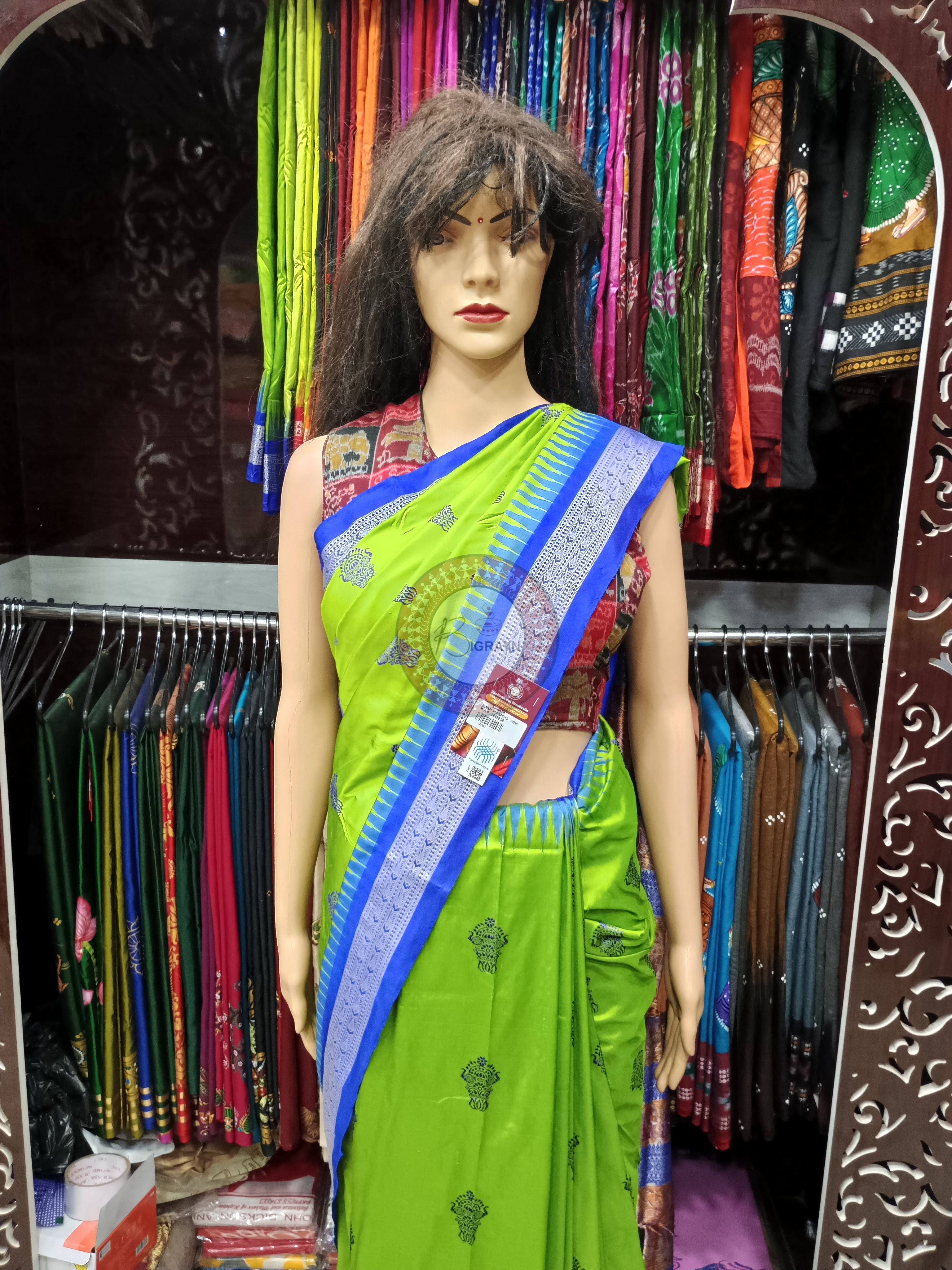 Neon Green Blue Dual Elephant Head Bomkai Silk Saree