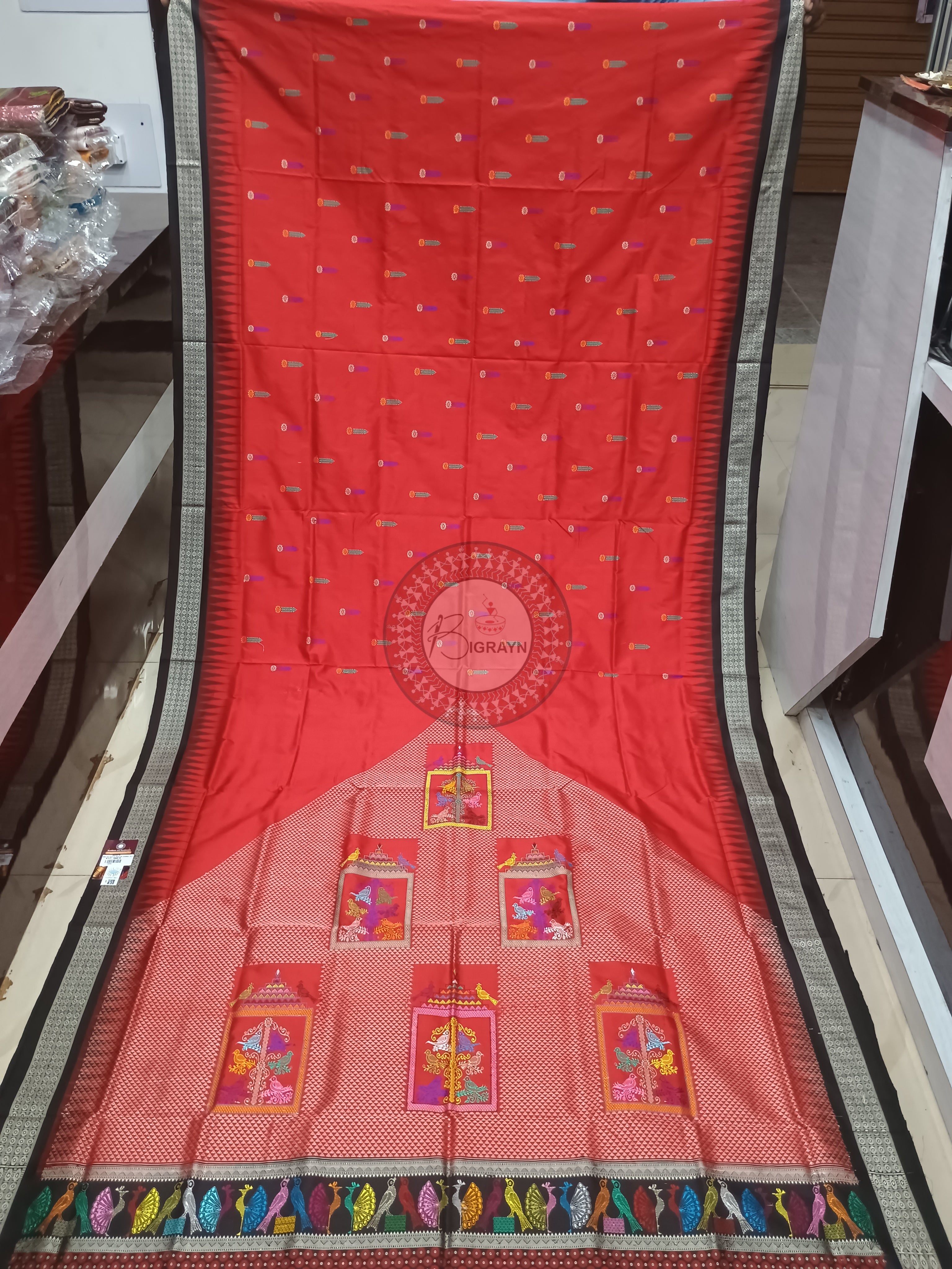 Red Black Panjuri Bomkai Silk Saree