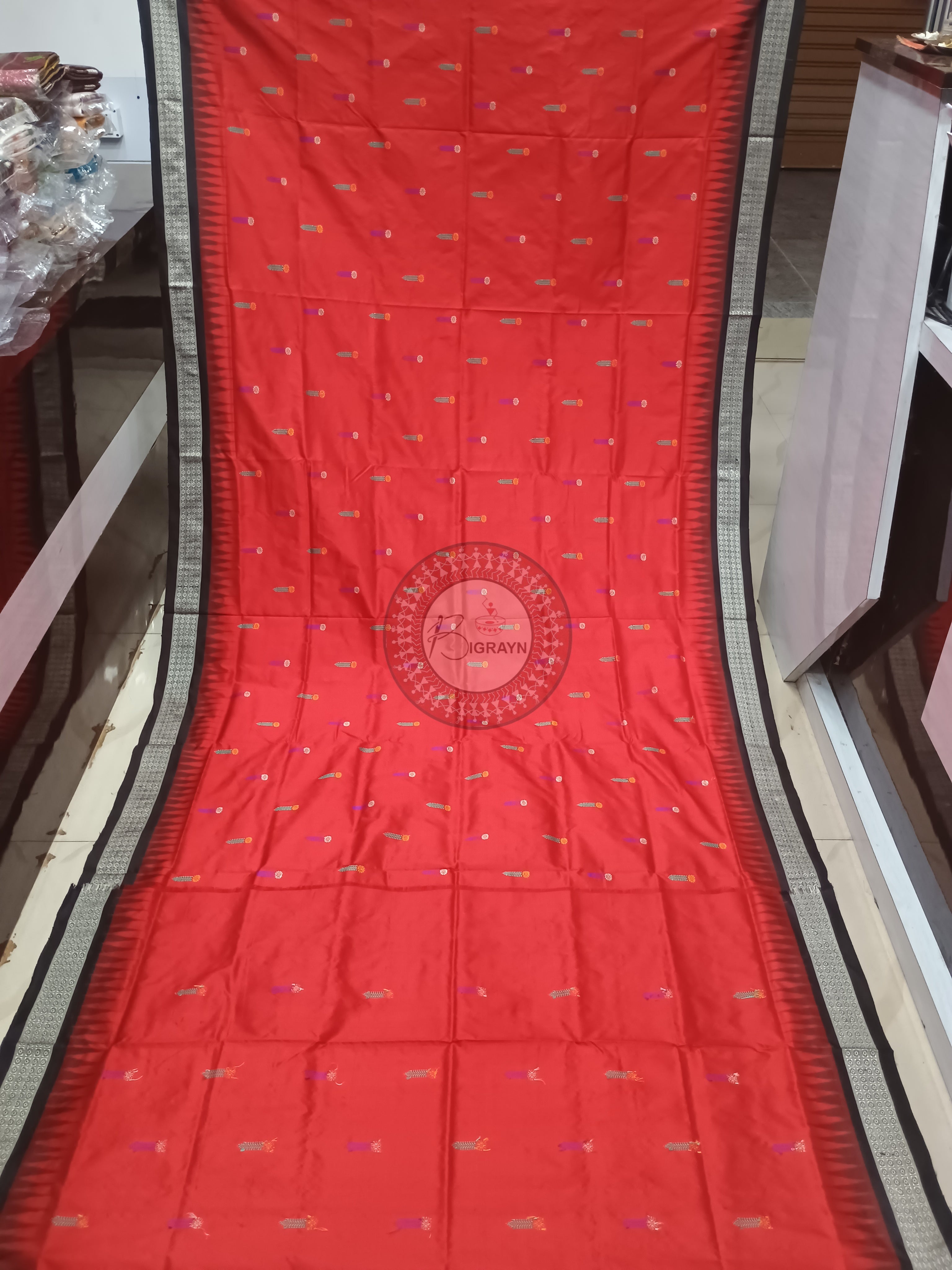 Red Black Panjuri Bomkai Silk Saree
