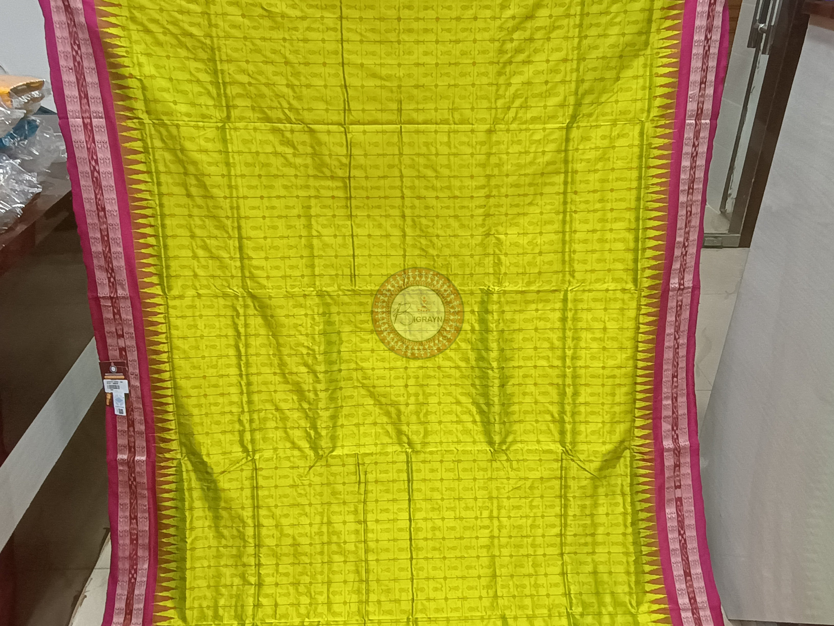Neon Green Magenta Hazar Buti Bomkai Silk Saree