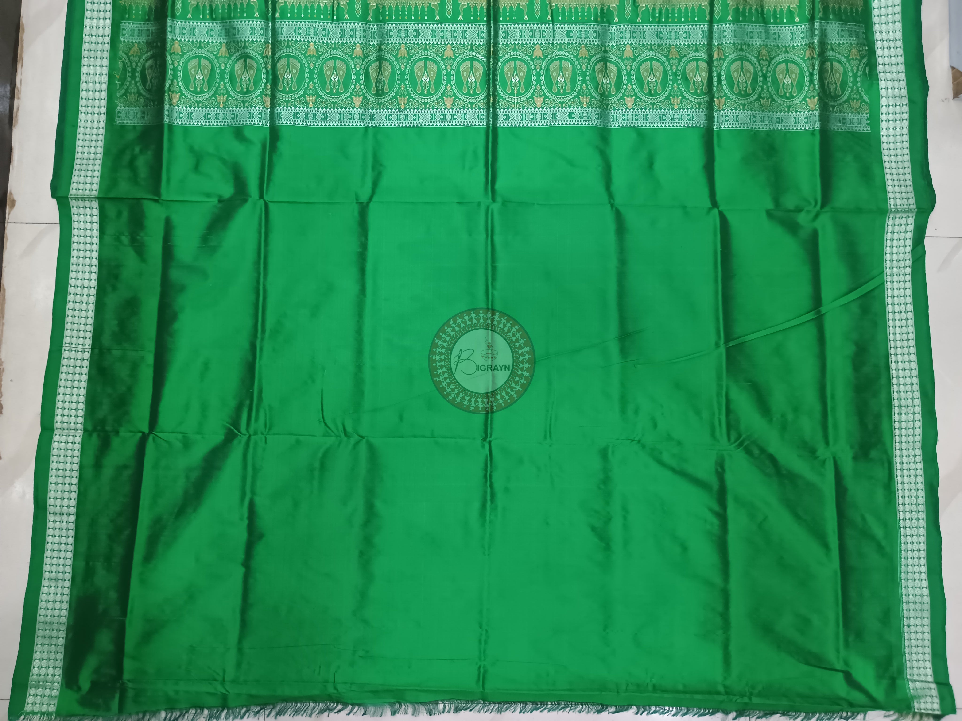 Yellow Green Fish Buti Bomkai Silk Saree