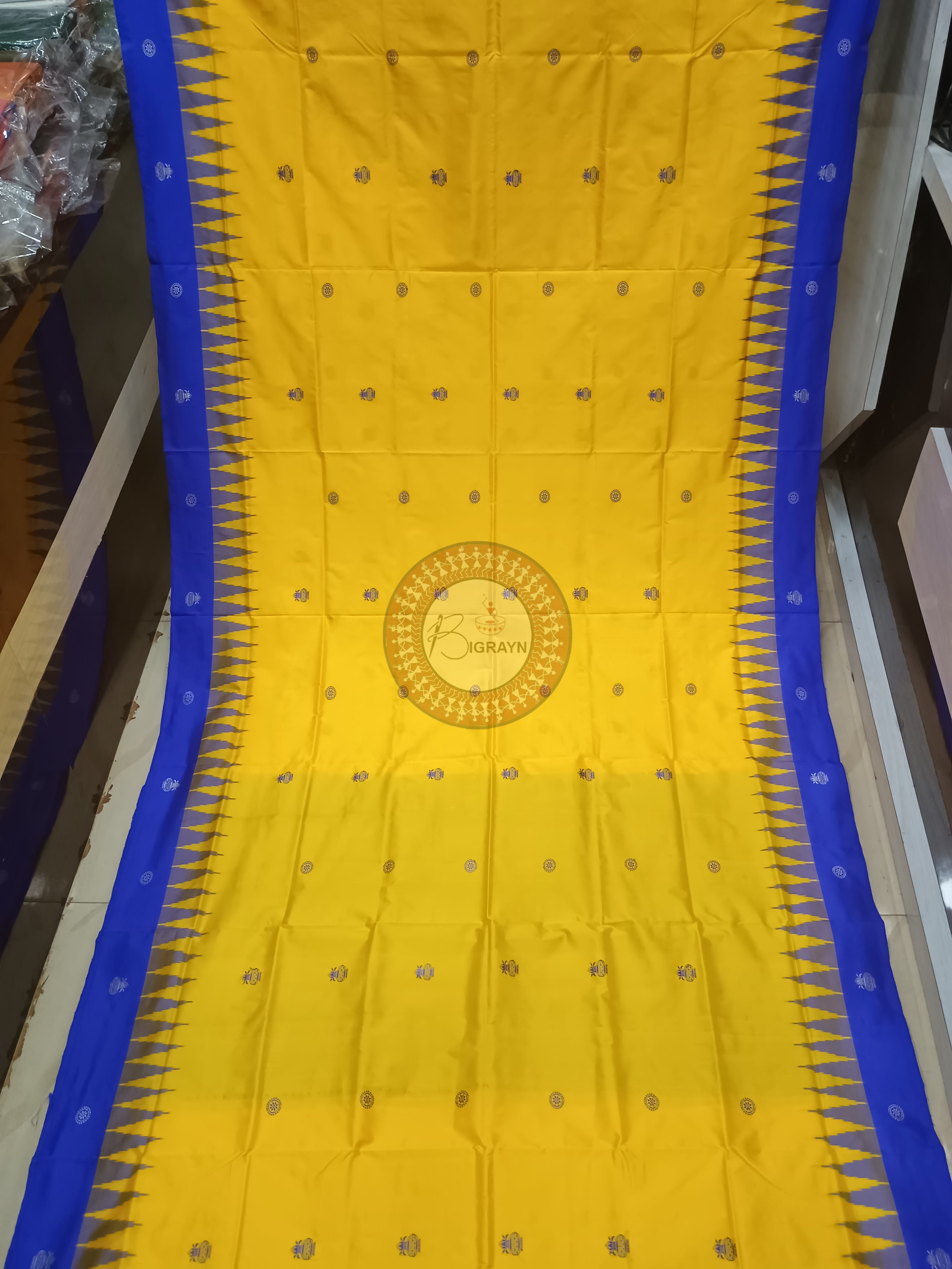 Yellow Blue Kalashi Plan Border Bomkai Silk Saree
