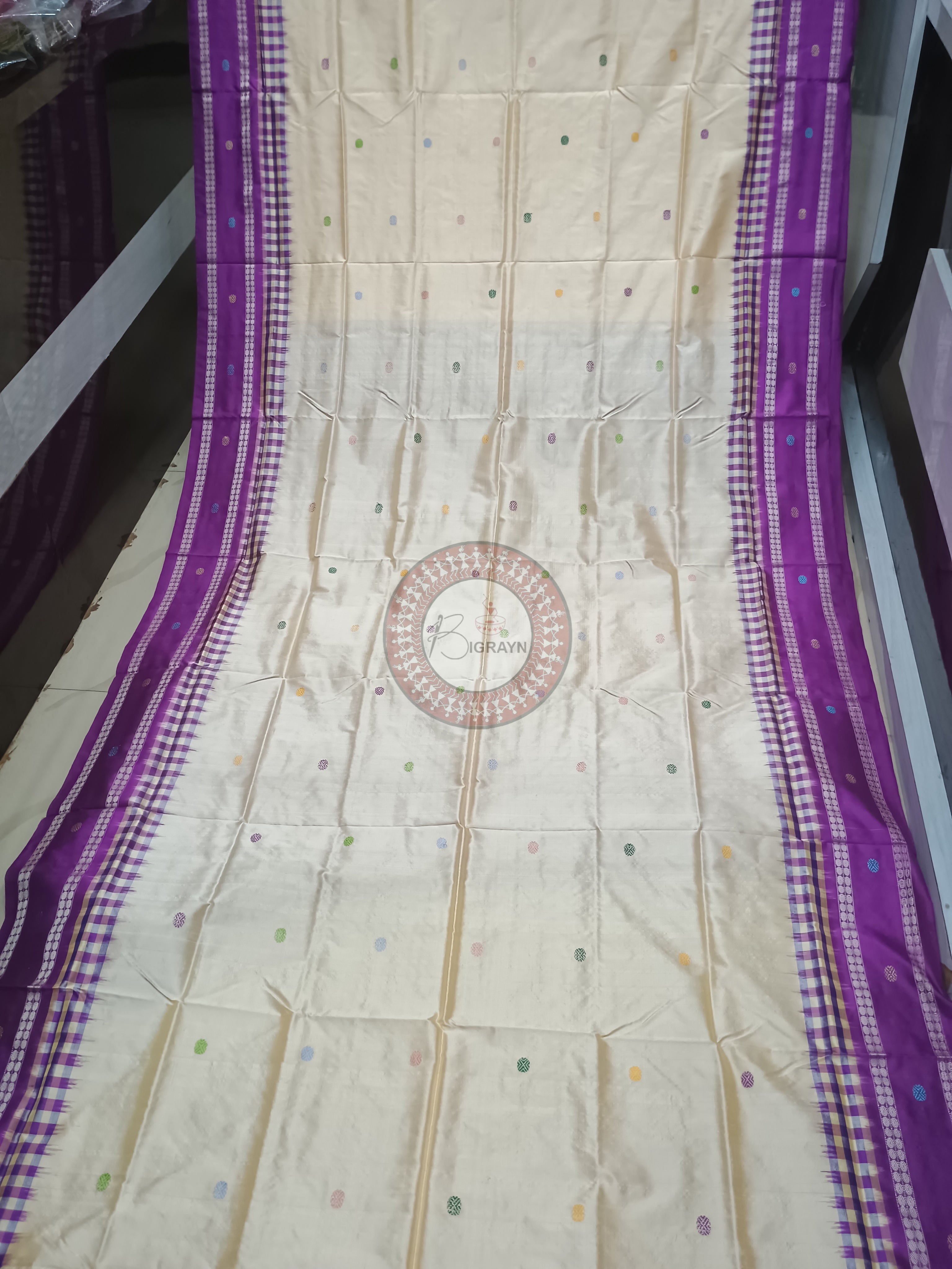 Off White Purple Boita Bomkai Silk Saree