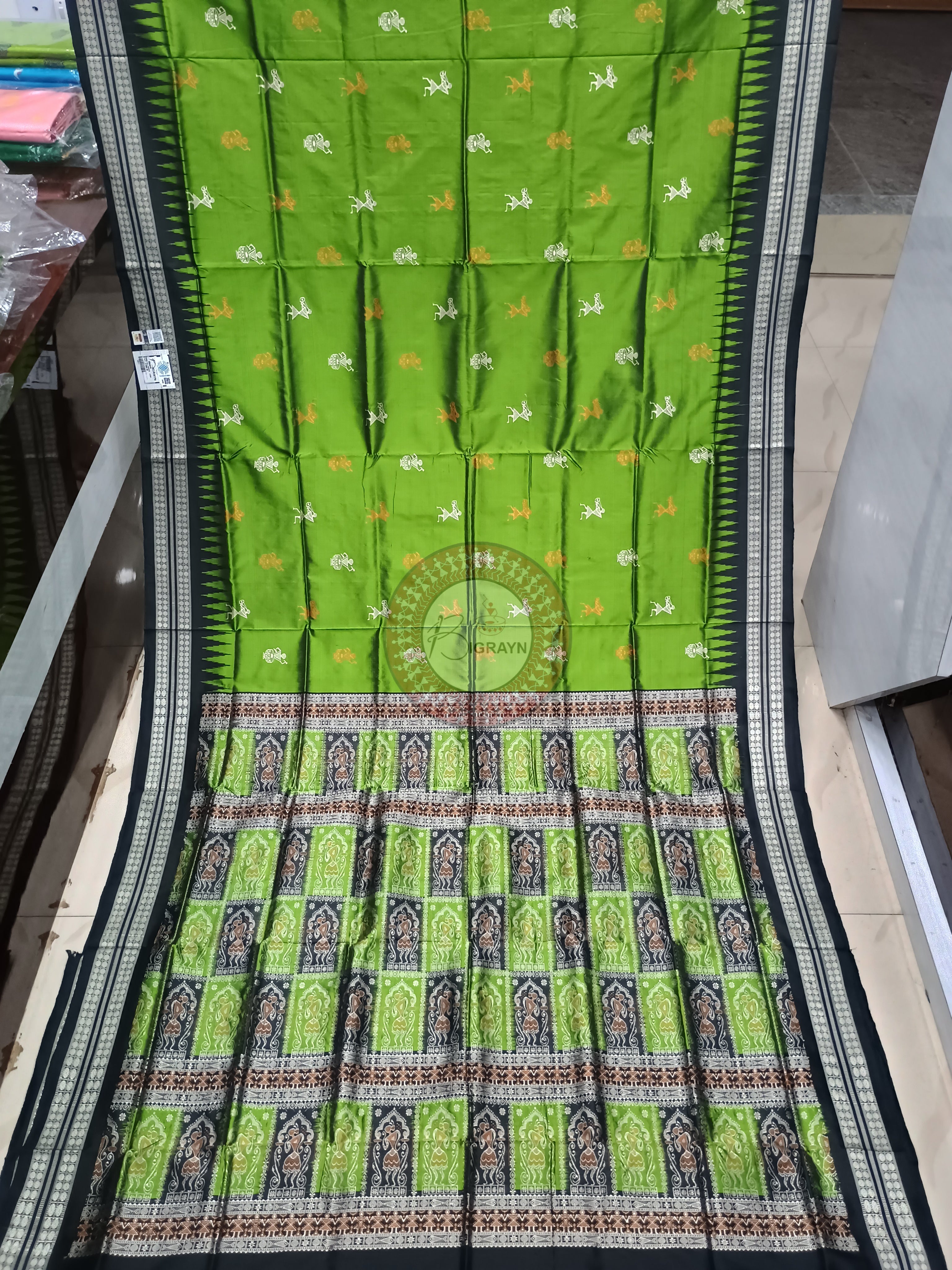 Green Black Tribal Bomkai Silk Saree