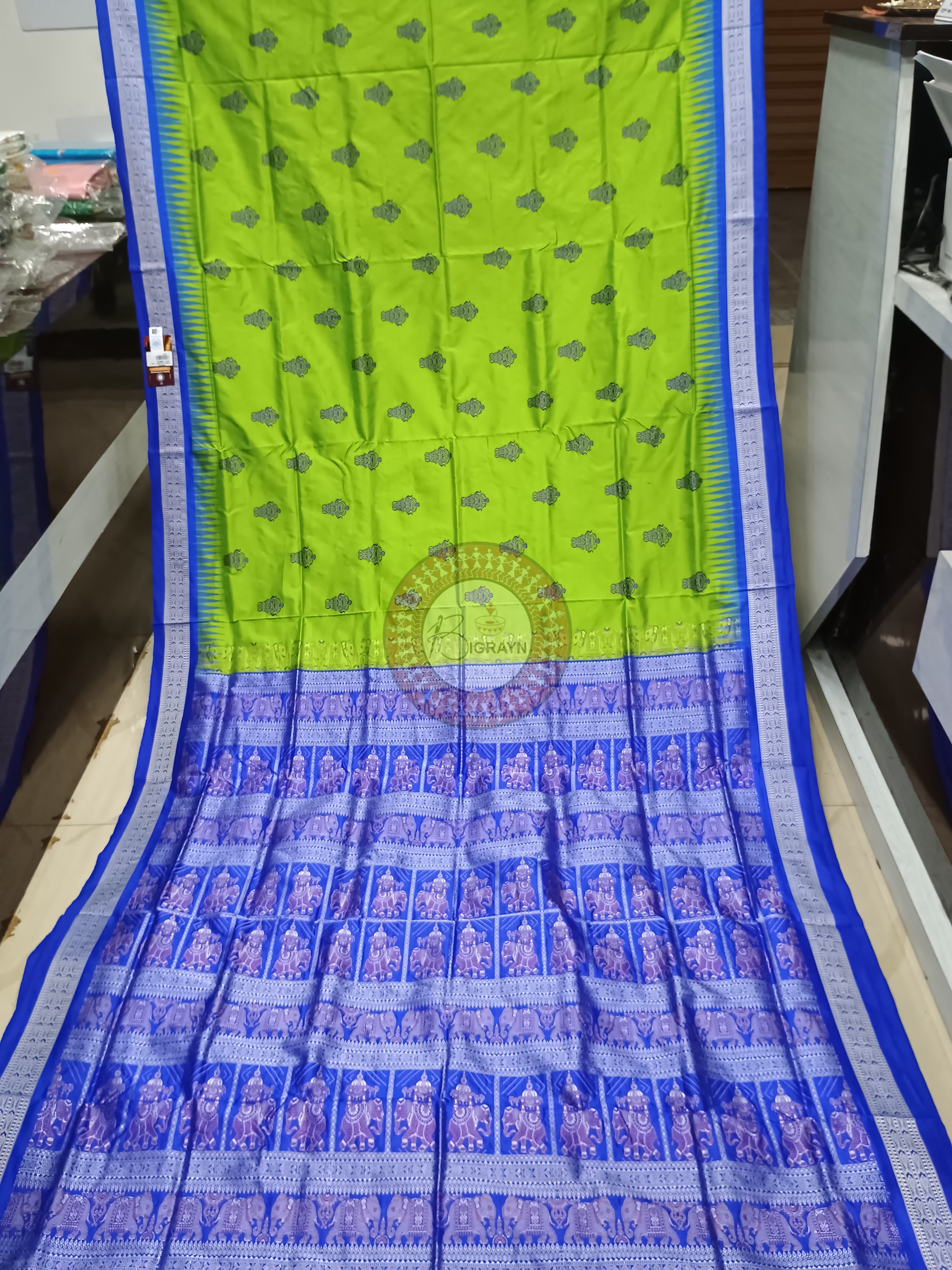 Green Blue Dual Elephant Head Bomkai Silk Saree