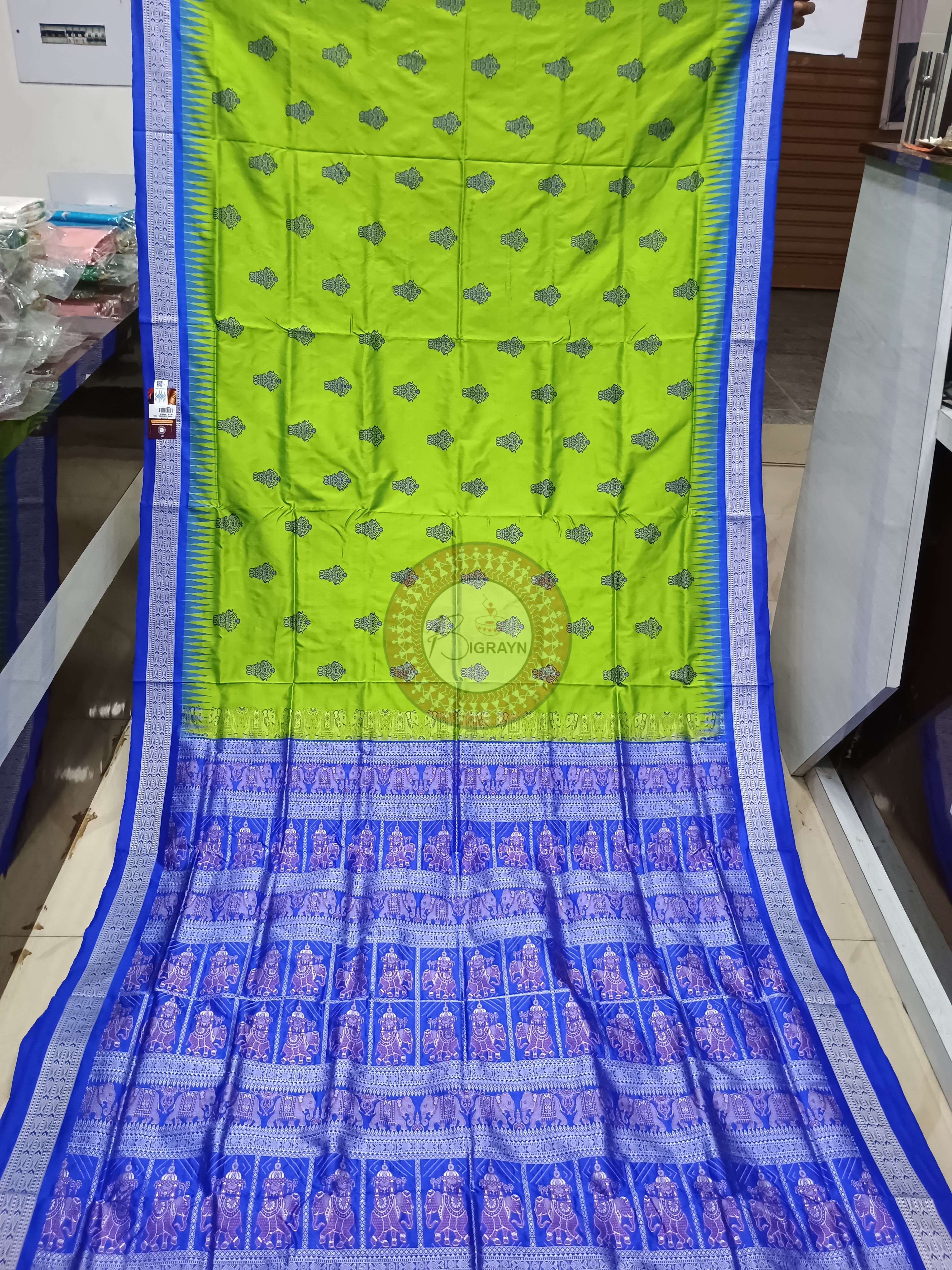 Green Blue Dual Elephant Head Bomkai Silk Saree