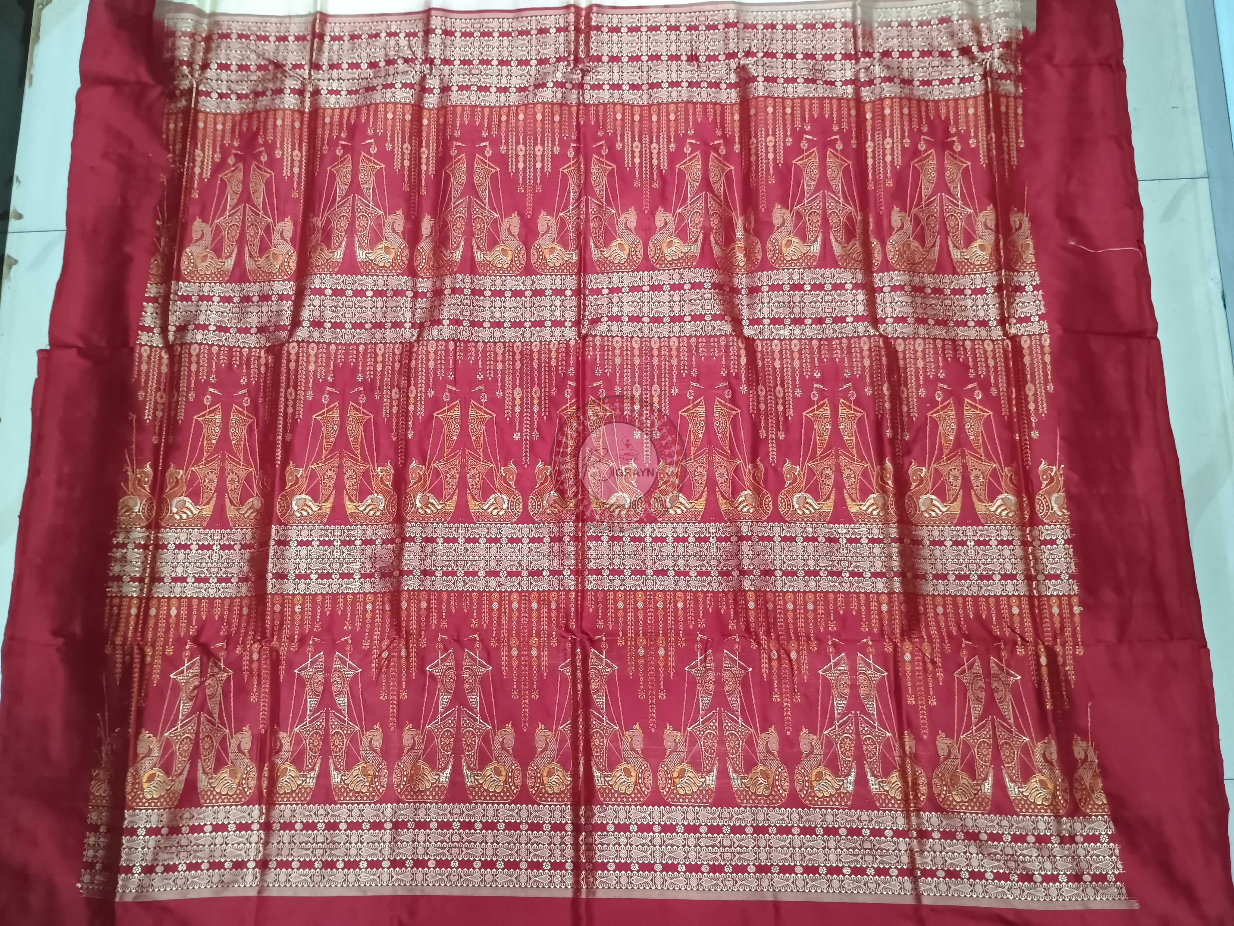 Cream Maroon Tribal  Bomkai Silk Saree