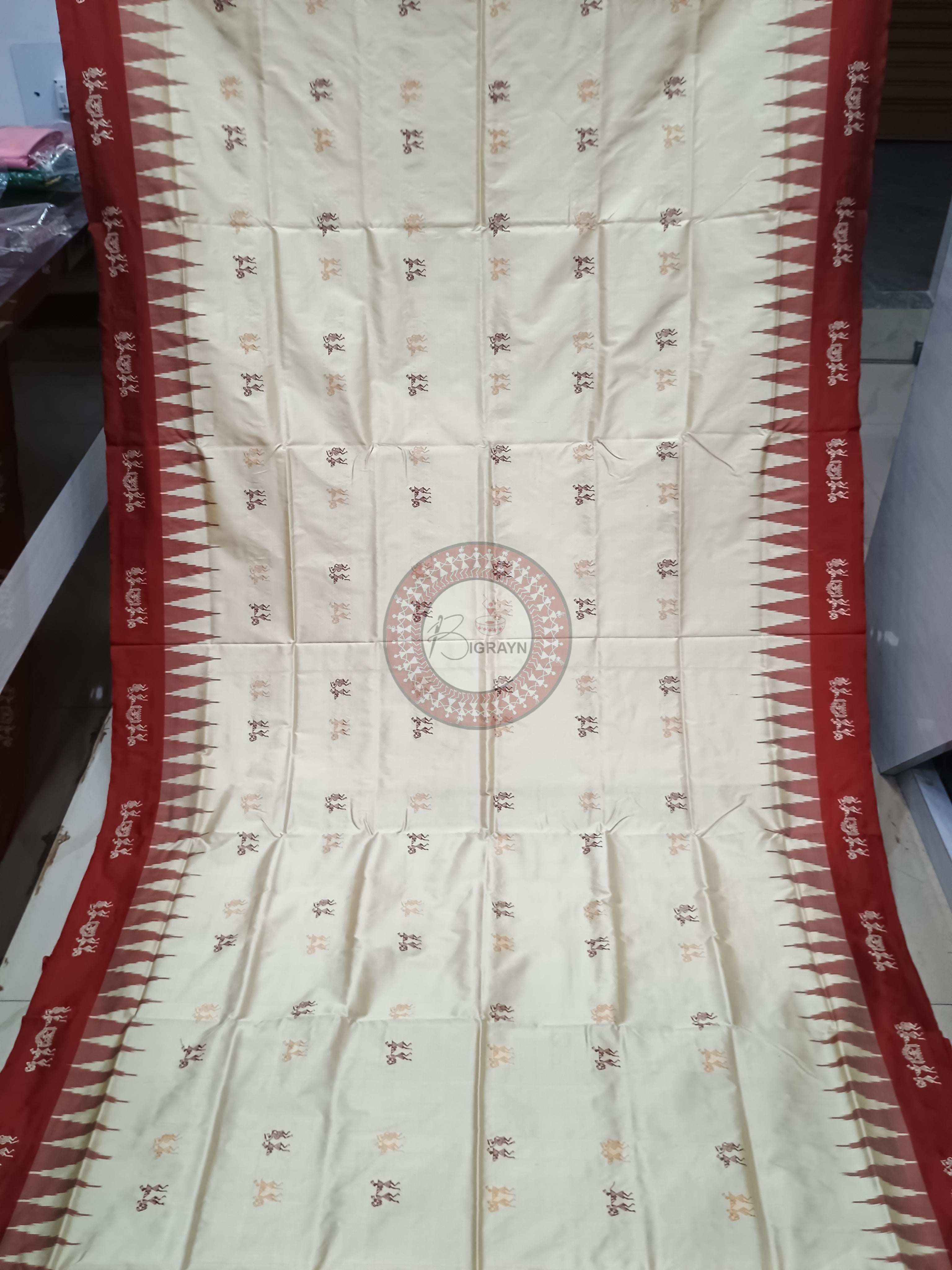 Cream Maroon Tribal  Bomkai Silk Saree
