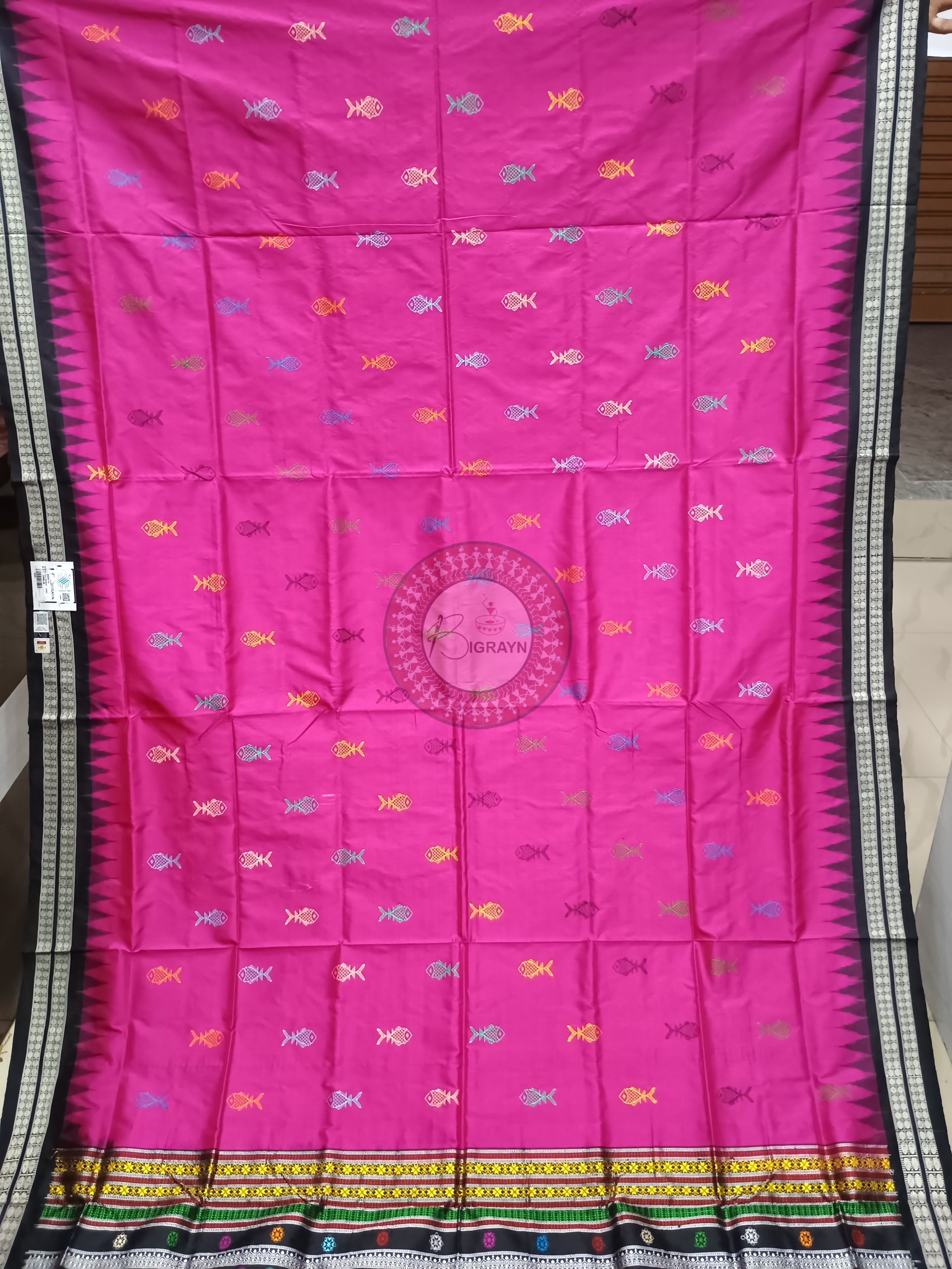 Pink Black Fish Bomkai Silk Saree