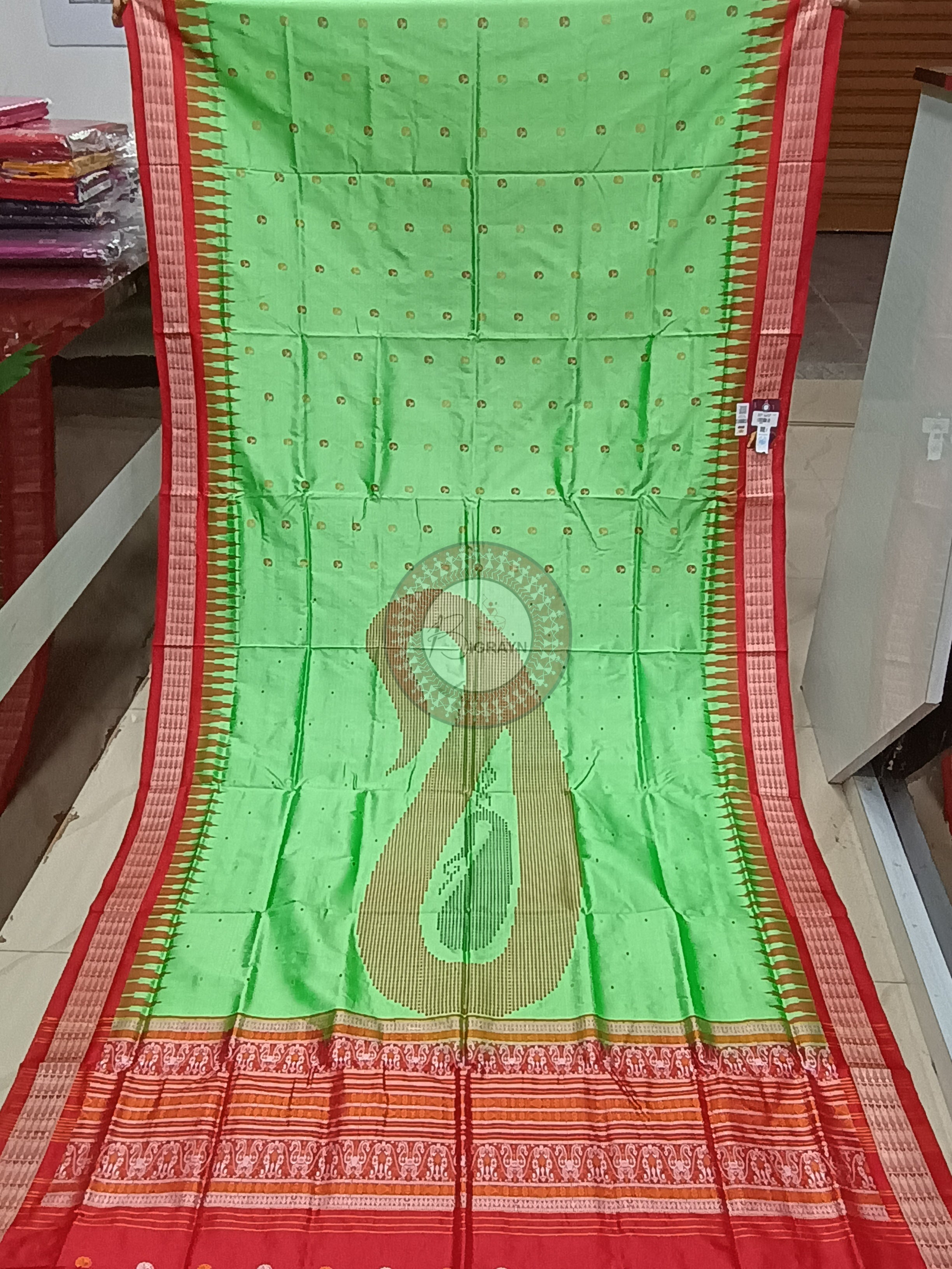 Pista Green Red Paisley Bomkai Silk Saree