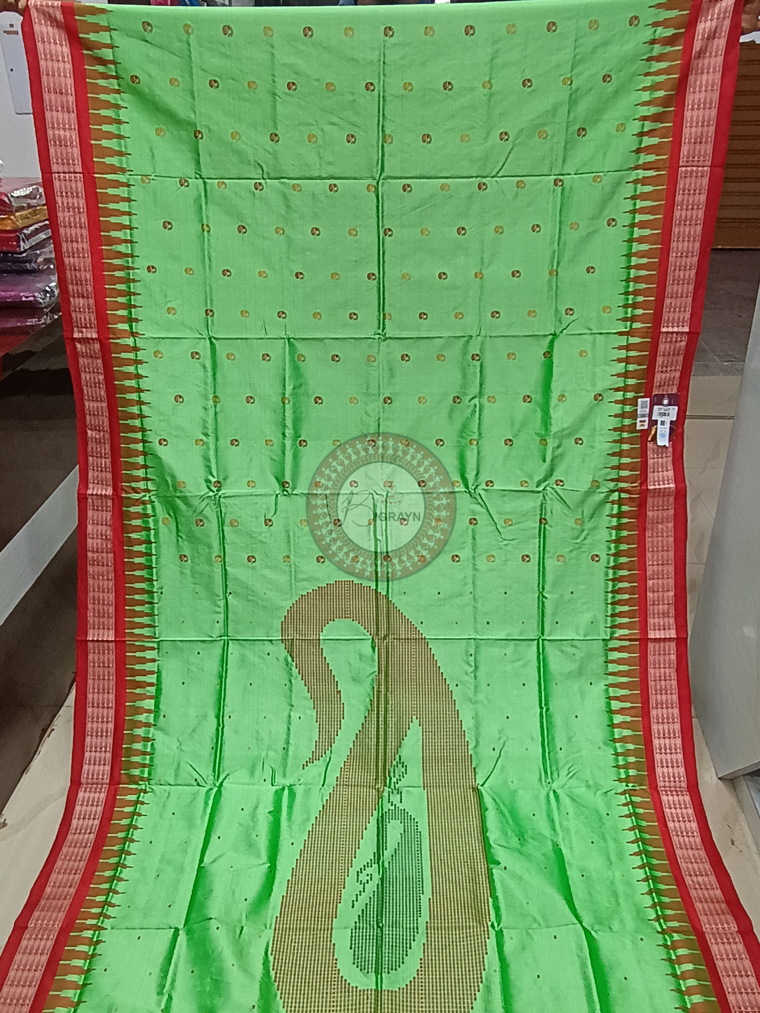 Pista Green Red Paisley Bomkai Silk Saree