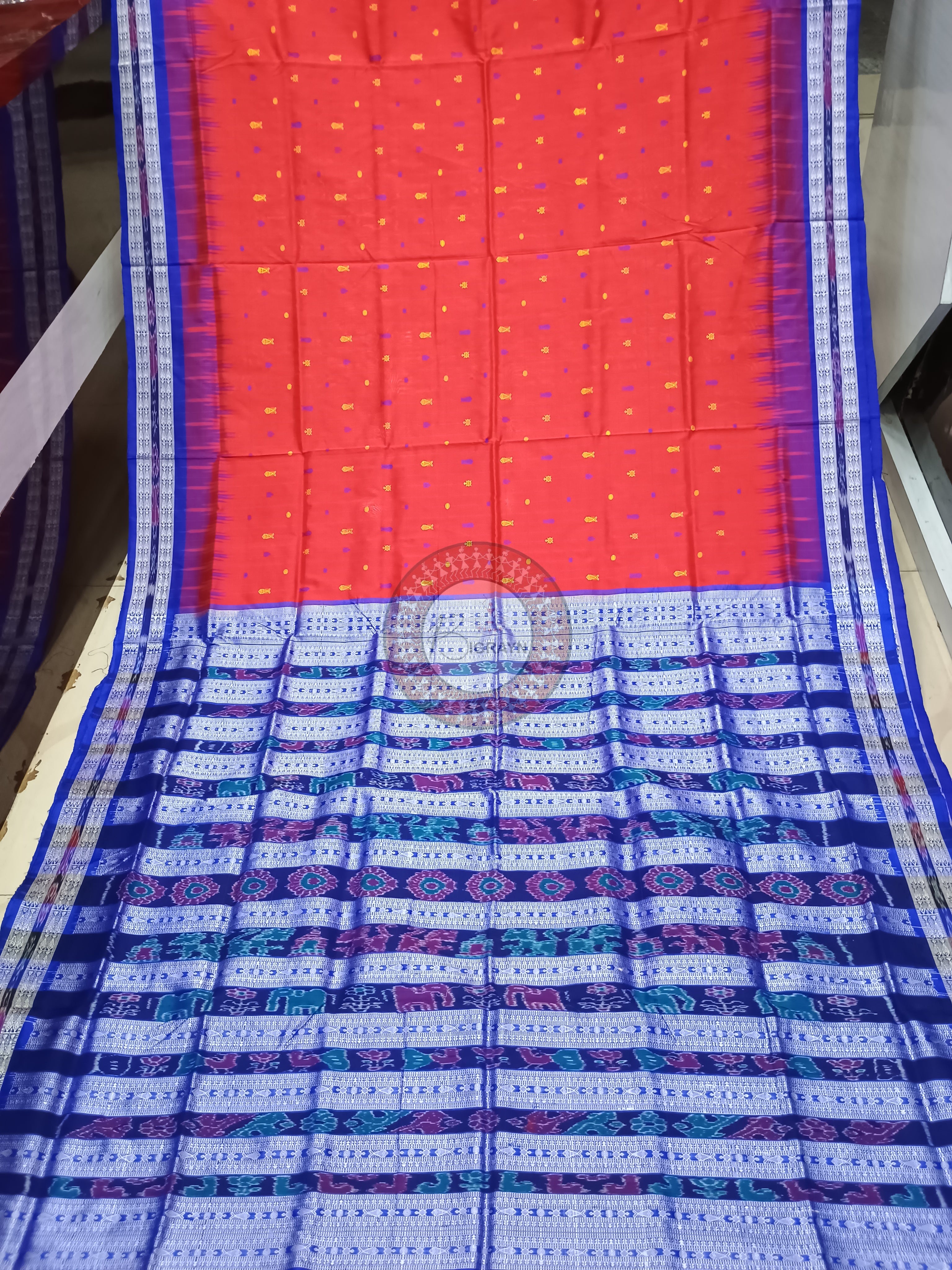 Red Blue Hazar Buti Bomkai Silk Saree
