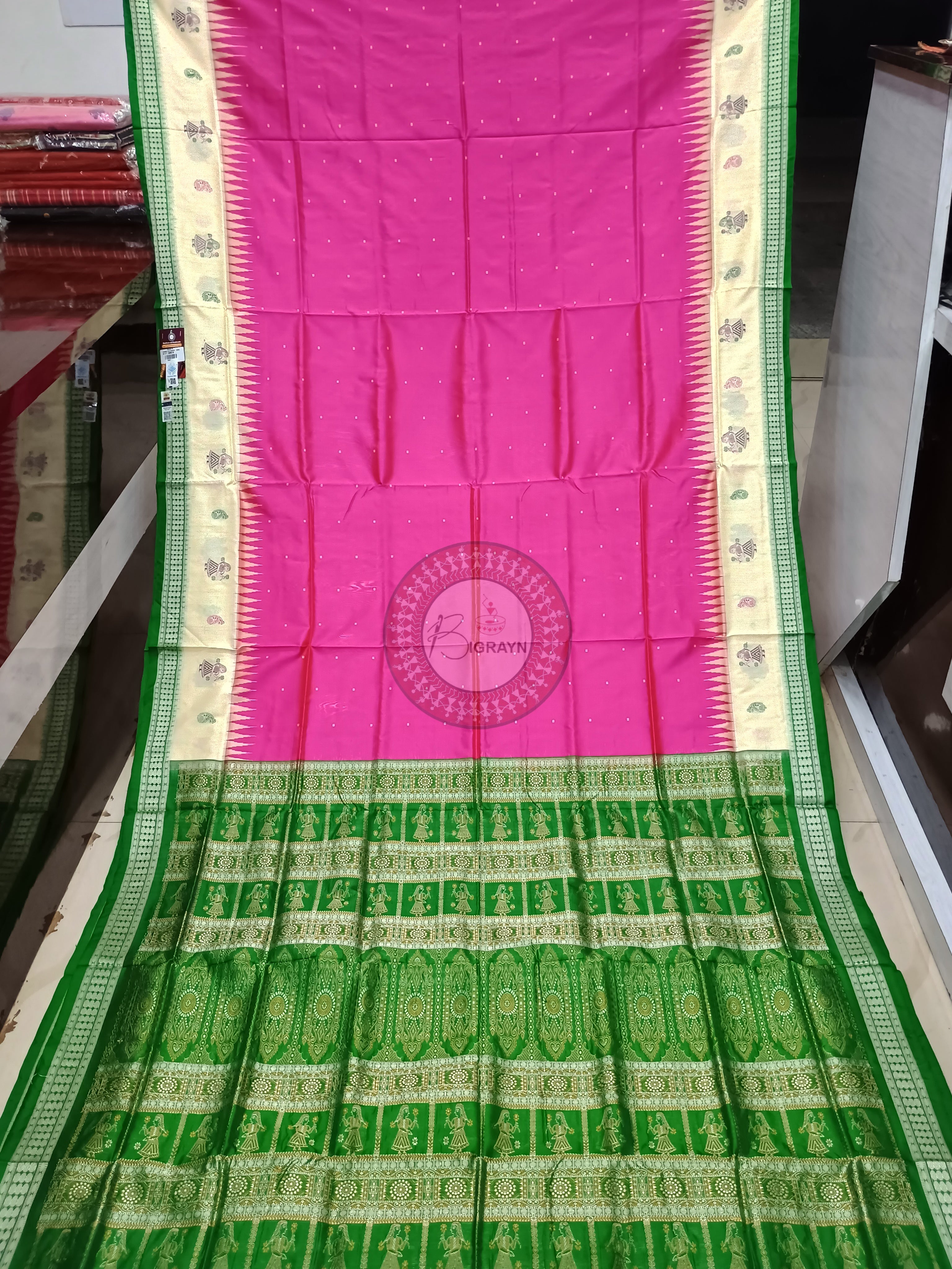 Pink Green Doll Bomkai Silk Saree