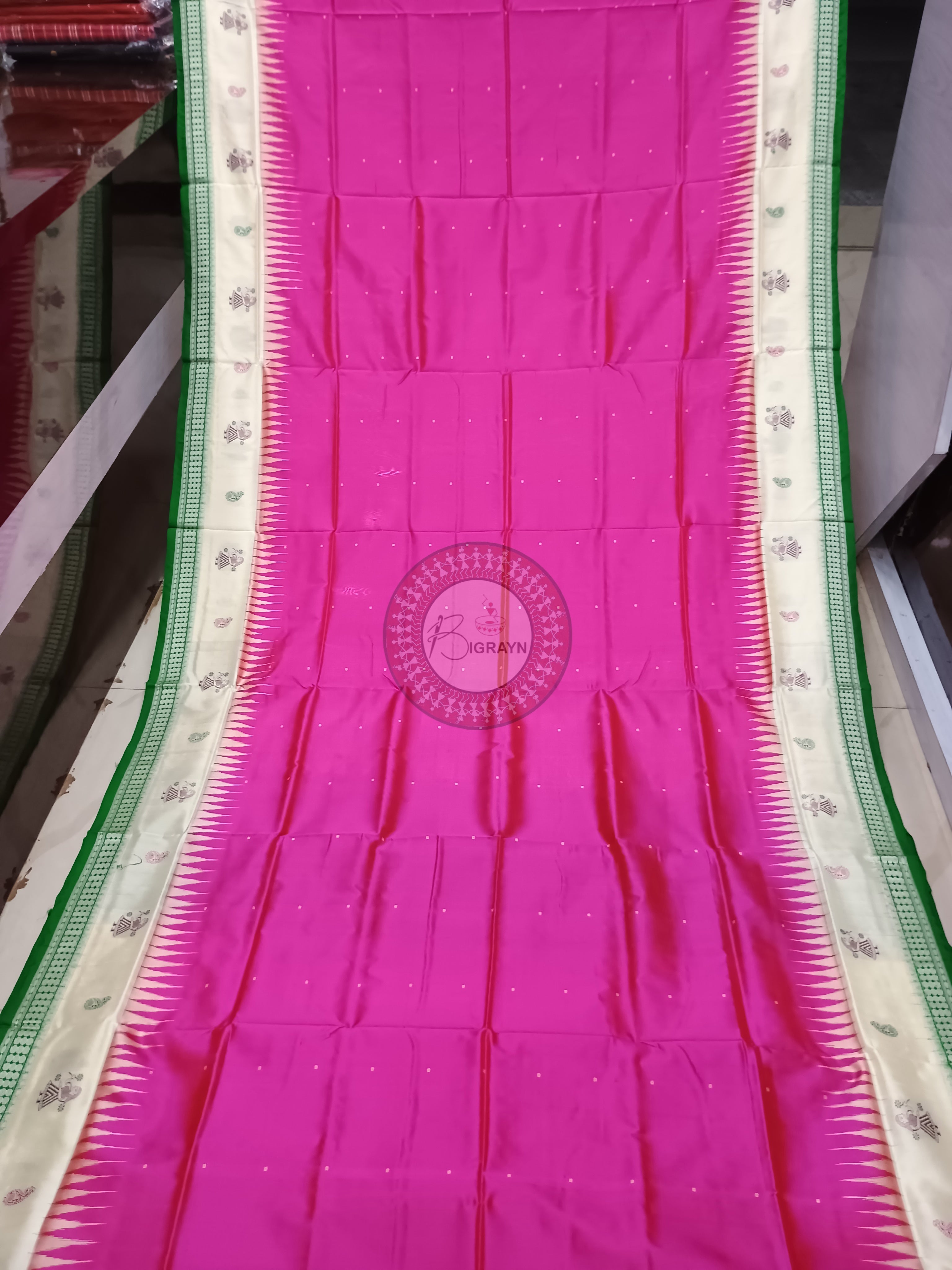 Pink Green Doll Bomkai Silk Saree