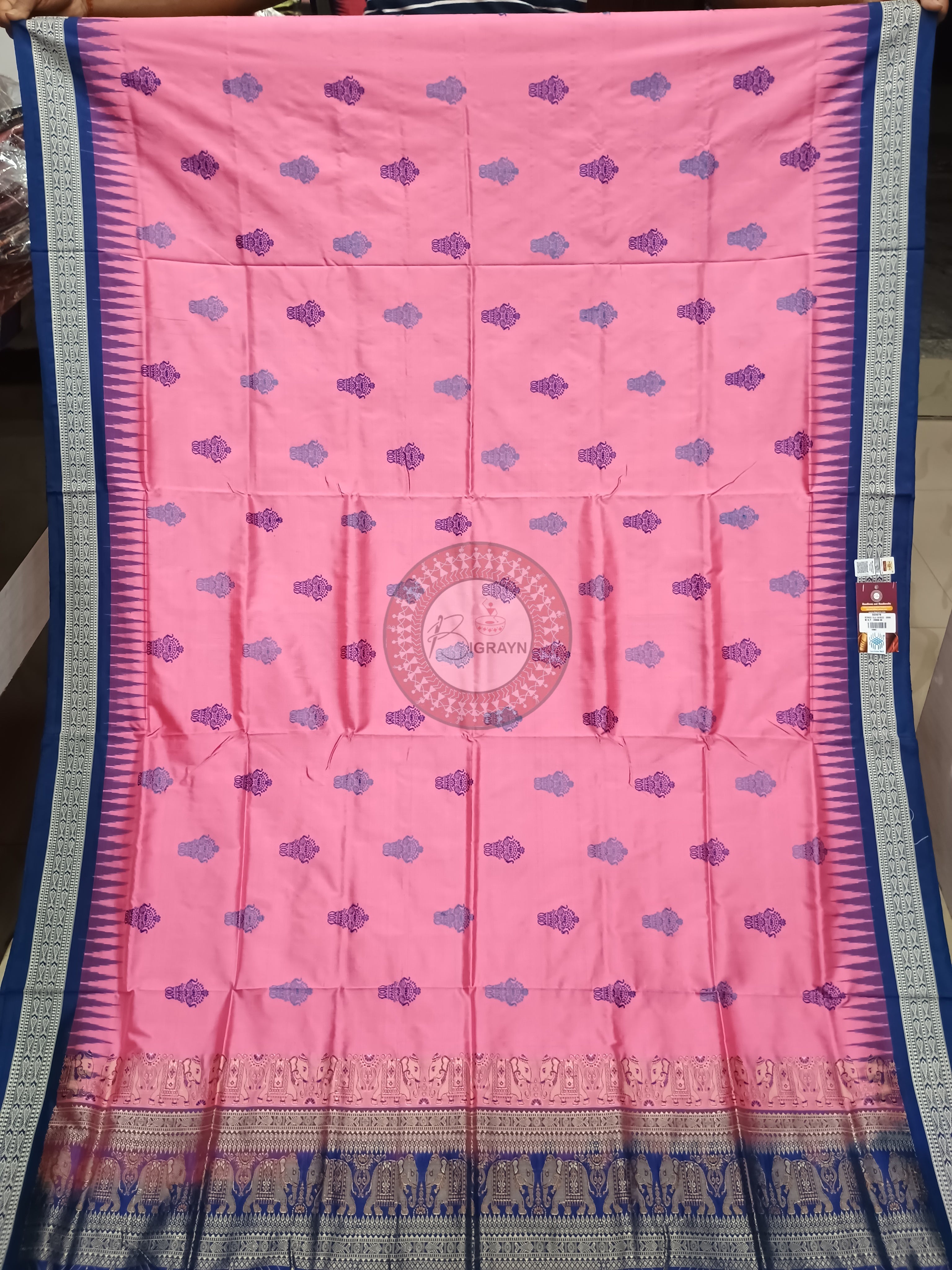 Pink Blue Dual Elephant Head Odisha Handloom Bomkai Silk Saree