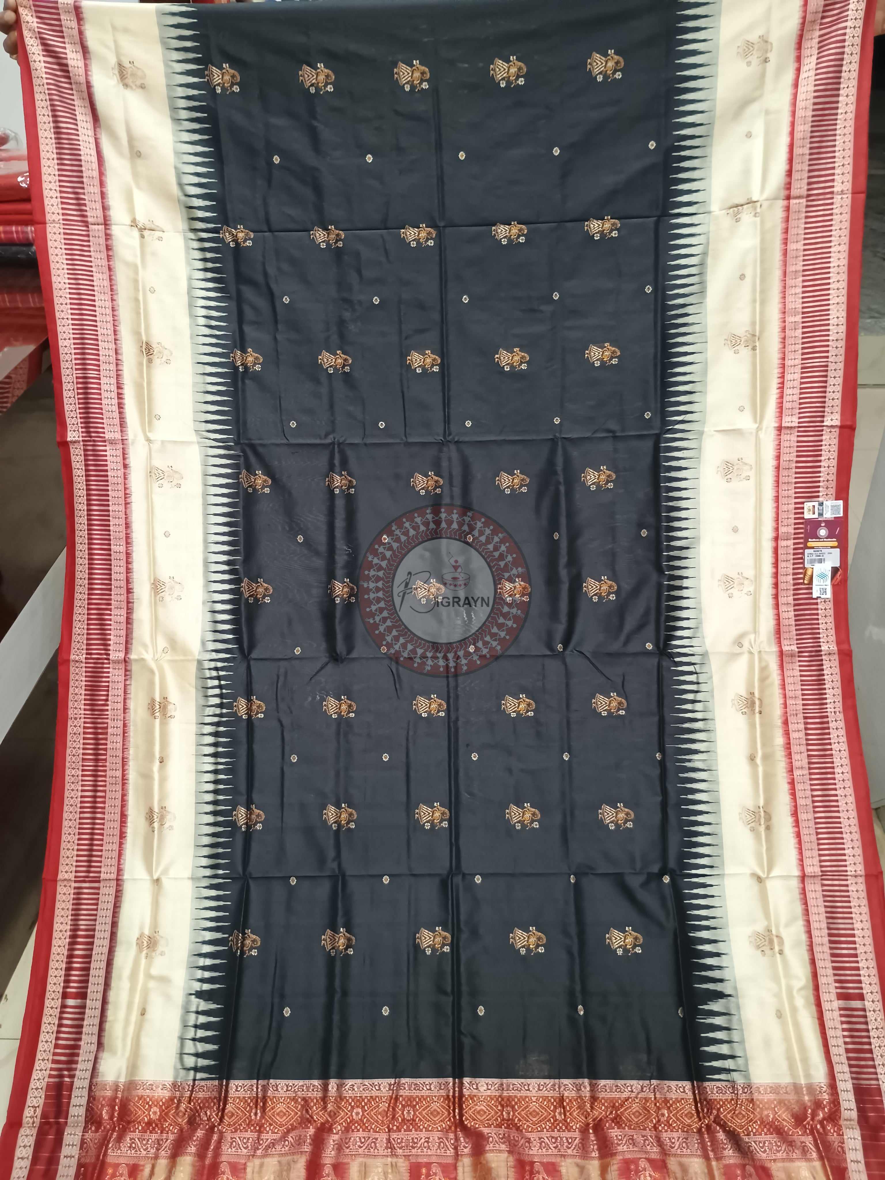 Black Red Off White Doll Bomkai Silk Saree