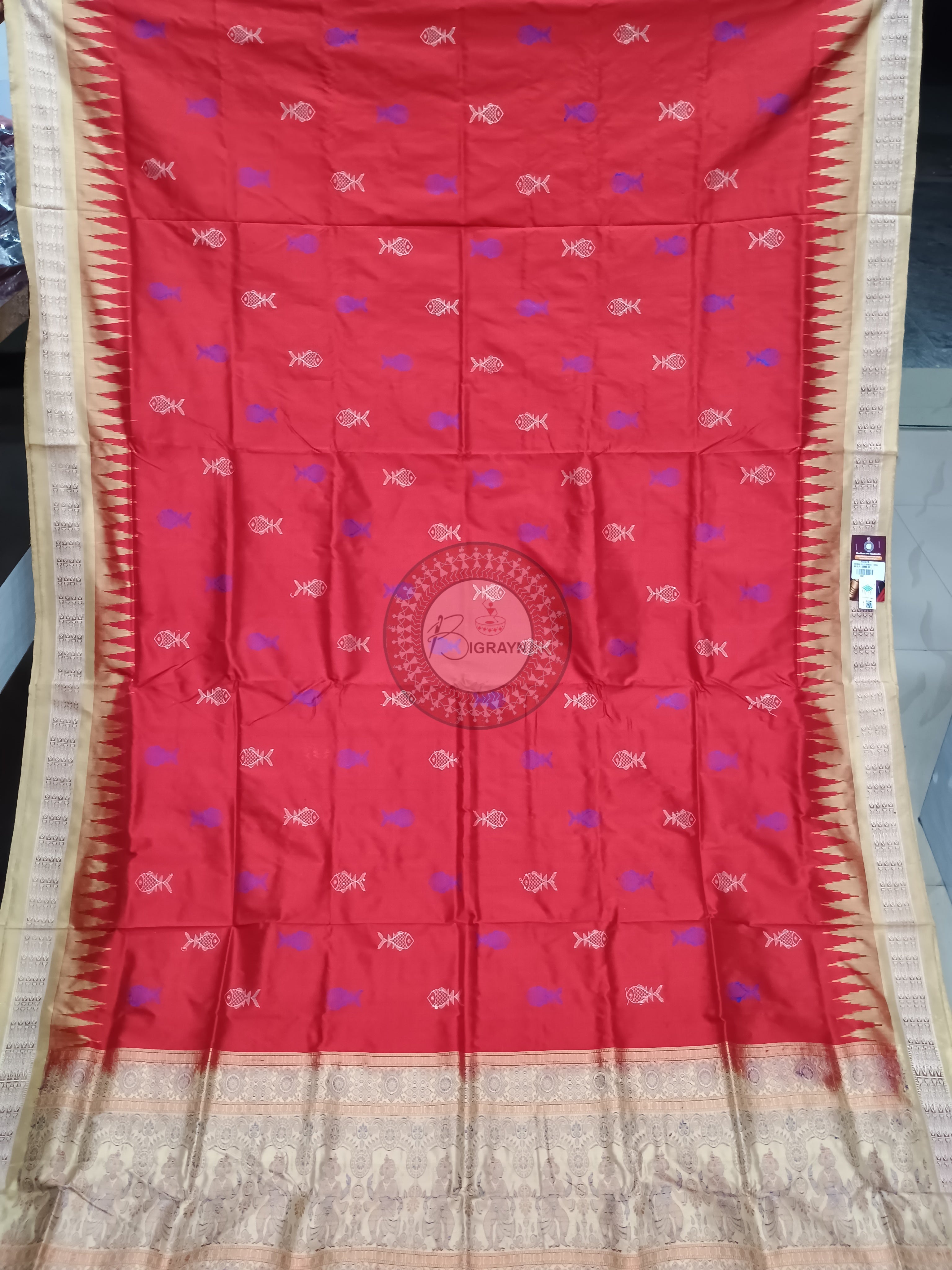 Red Creame Fish Bomkai Silk Saree