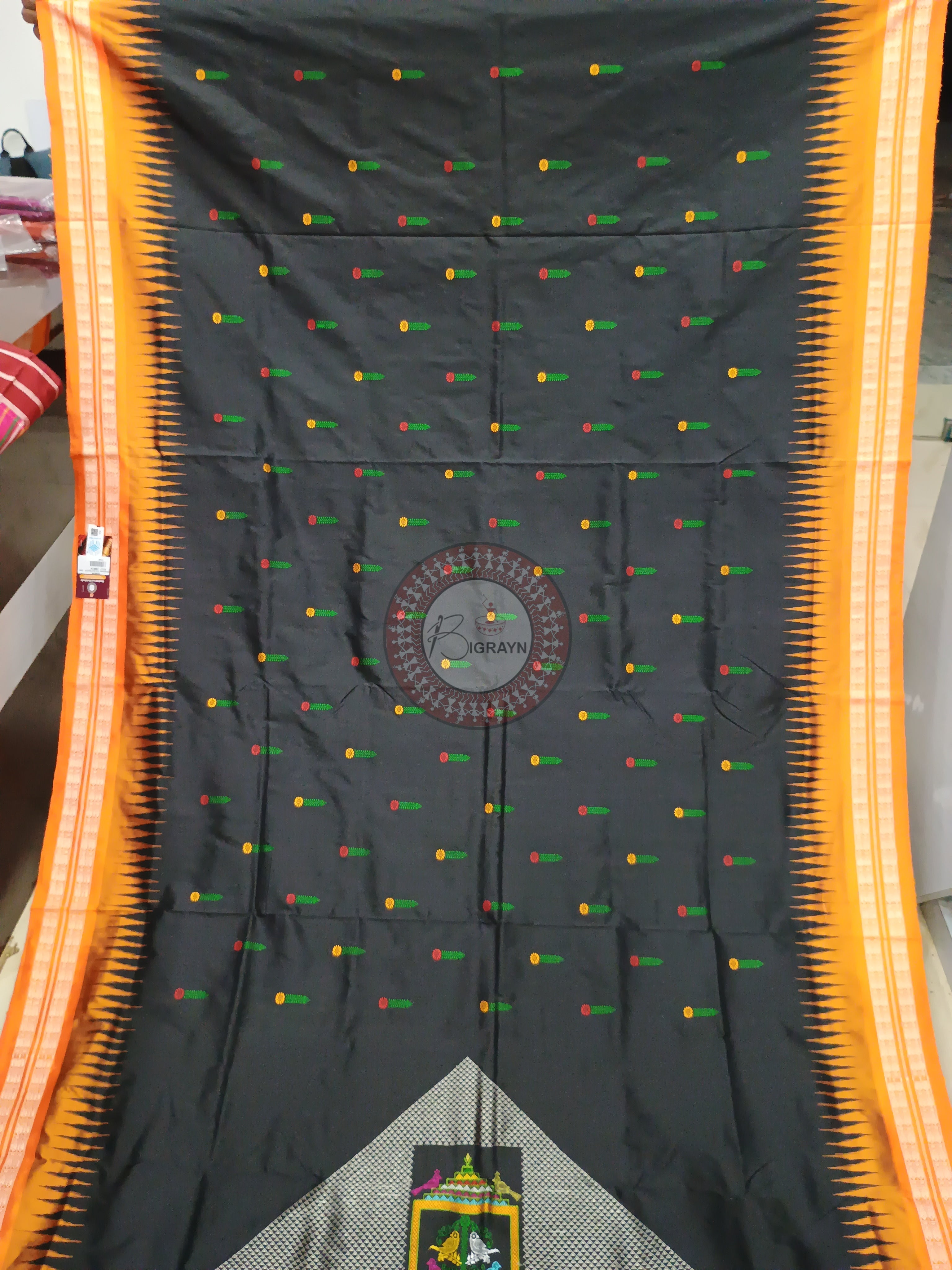 Black Orange Panjuri Design Odisha Handloom Bomkai Silk Saree